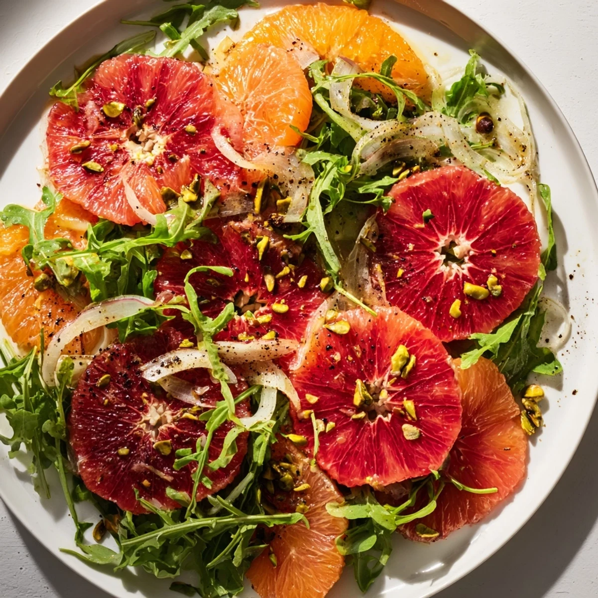 Juicy blood orange slices and crisp fennel shine on arugula in this Winter Citrus Salad, drizzled with tangy dressing.