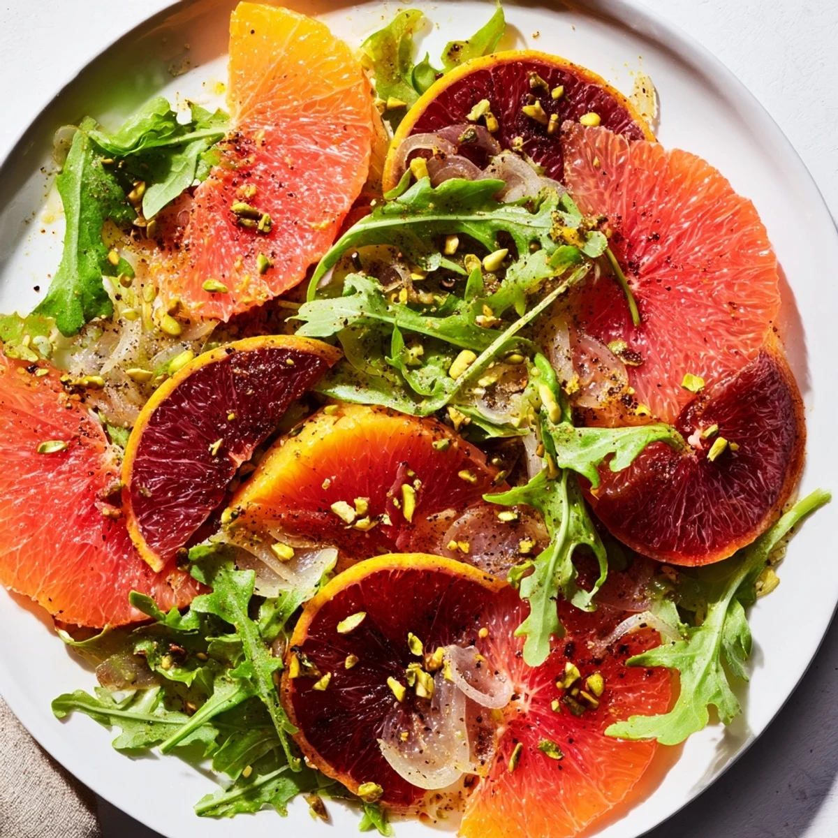 Vibrant Winter Citrus Salad featuring ruby blood orange rounds, pink grapefruit, and fennel fronds over fresh greens for a winter meal.
