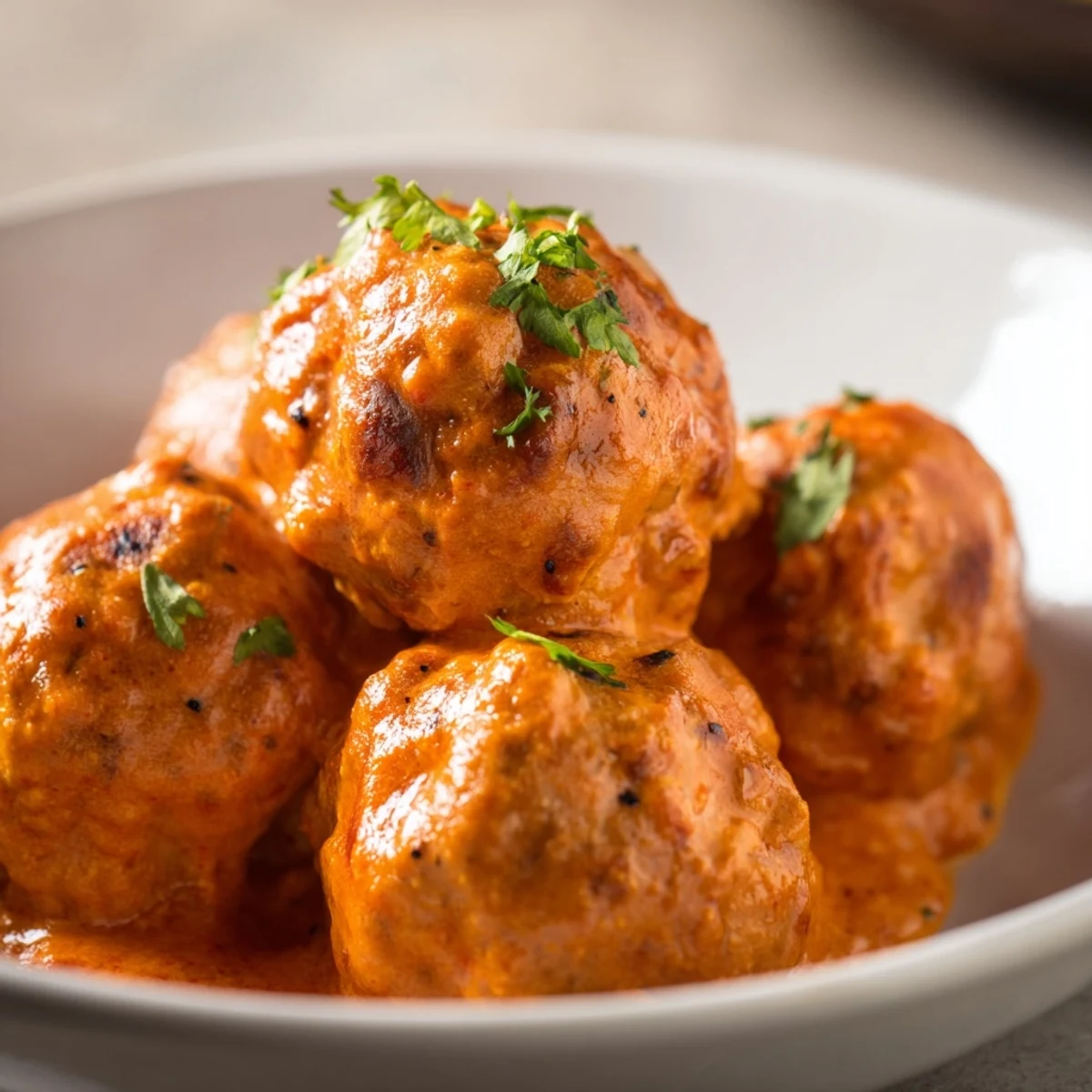 Sizzling Turkey Meatballs in Roasted Red Pepper Sauce simmer in a rich, smoky, creamy sauce in a skillet.