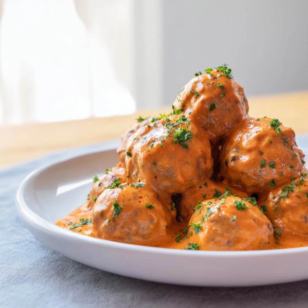 Close-up of Turkey Meatballs in Roasted Red Pepper Sauce showing tender meatballs and vibrant red sauce for a healthy dinner.