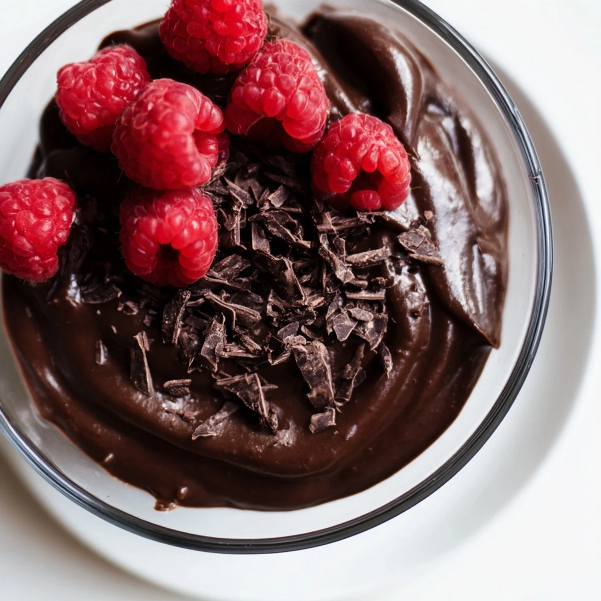 Dark Chocolate Avocado Mousse with Raspberries served in a clear glass, showing a thick, creamy texture and bright berry garnish.