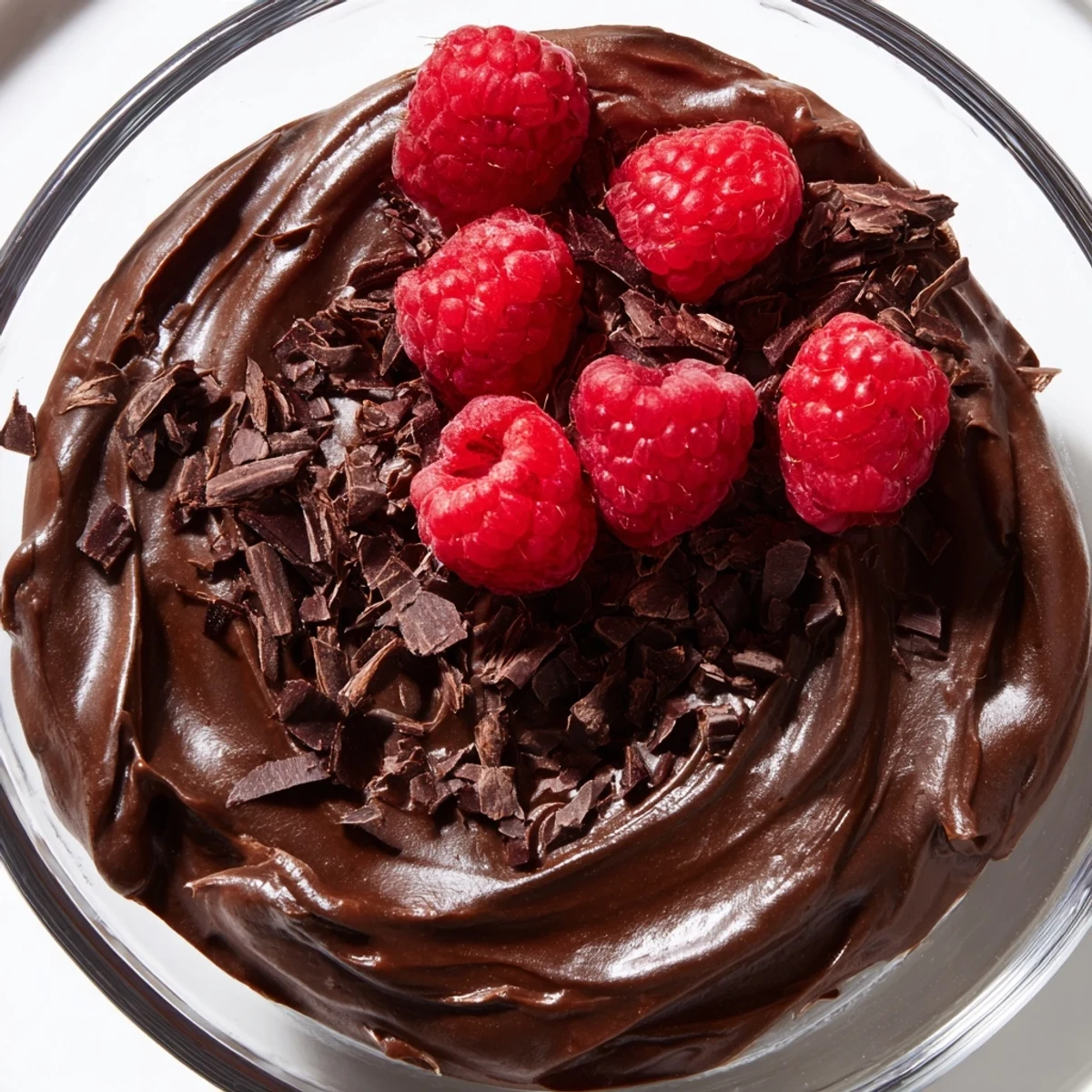 Vibrant fresh raspberries top the rich, dairy-free Dark Chocolate Avocado Mousse, with a light dusting of cocoa powder and mint.