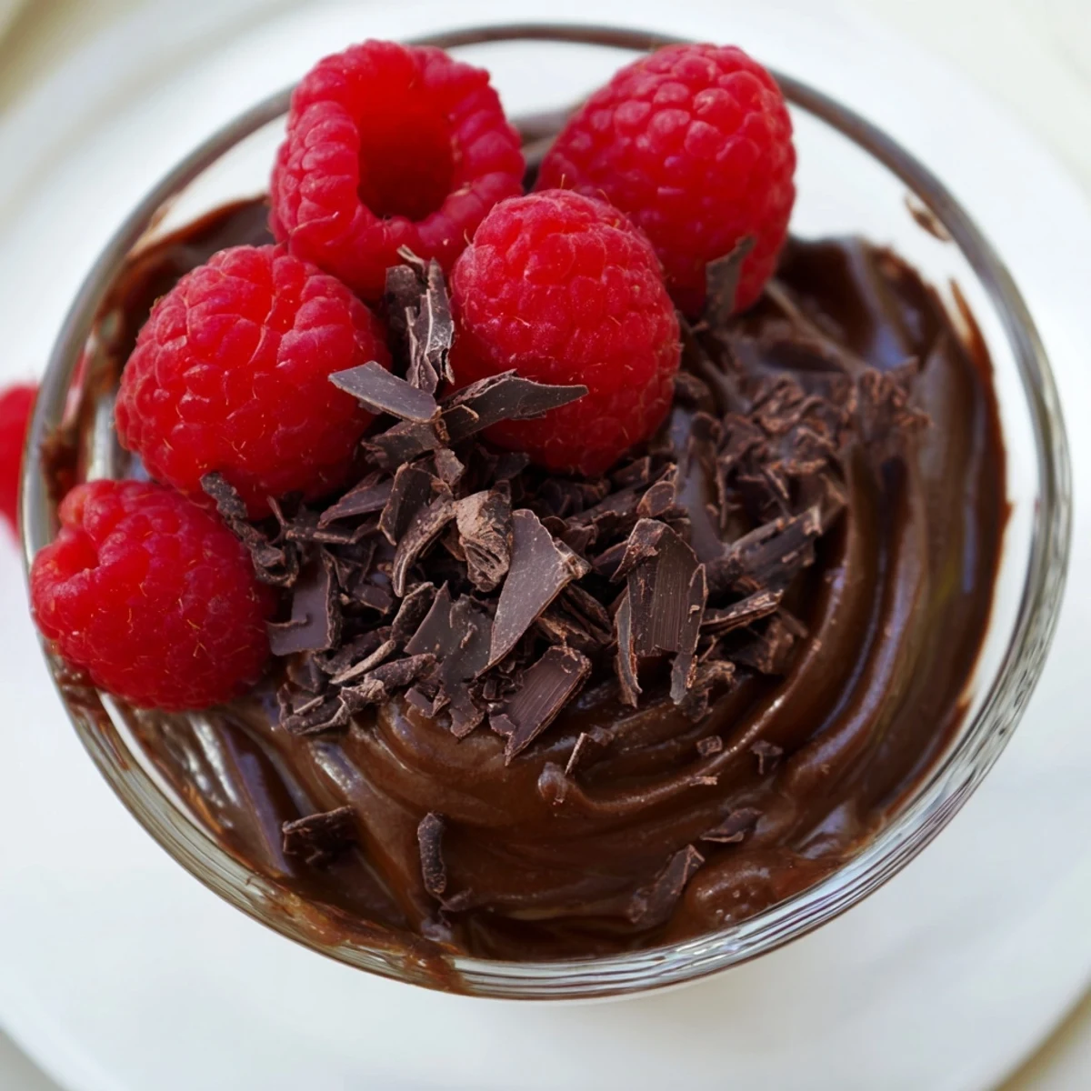 Luxuriously smooth Dark Chocolate Avocado Mousse in a dessert bowl, topped with tart raspberries and shaved dark chocolate for garnish.