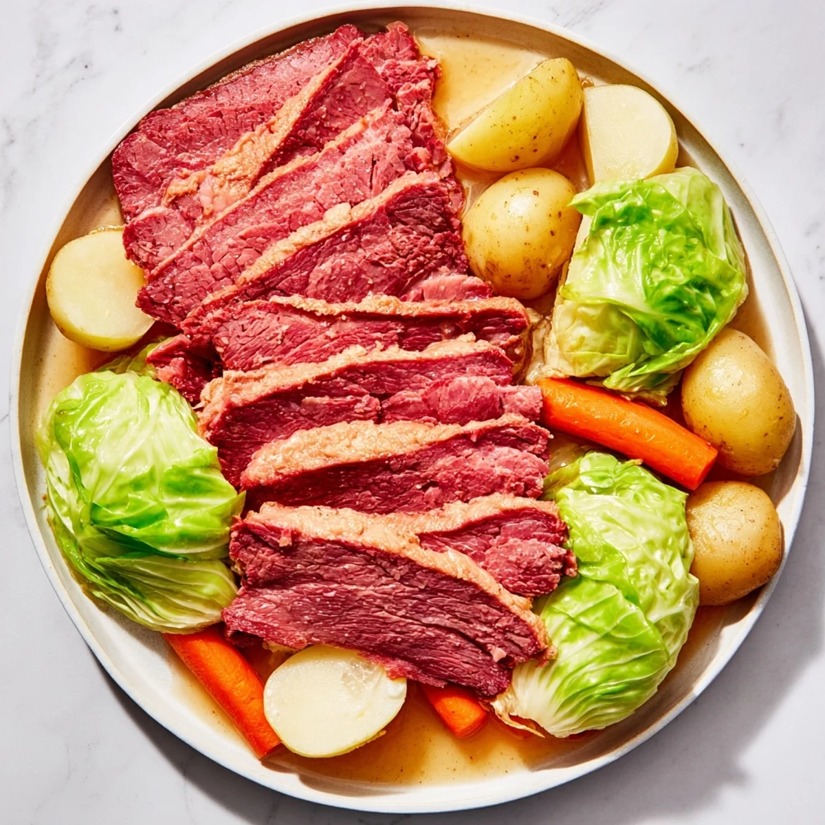 A close-up view of Corned Beef Brisket with Cabbage and Potatoes, highlighting the juicy meat and glazed vegetables on a rustic table.