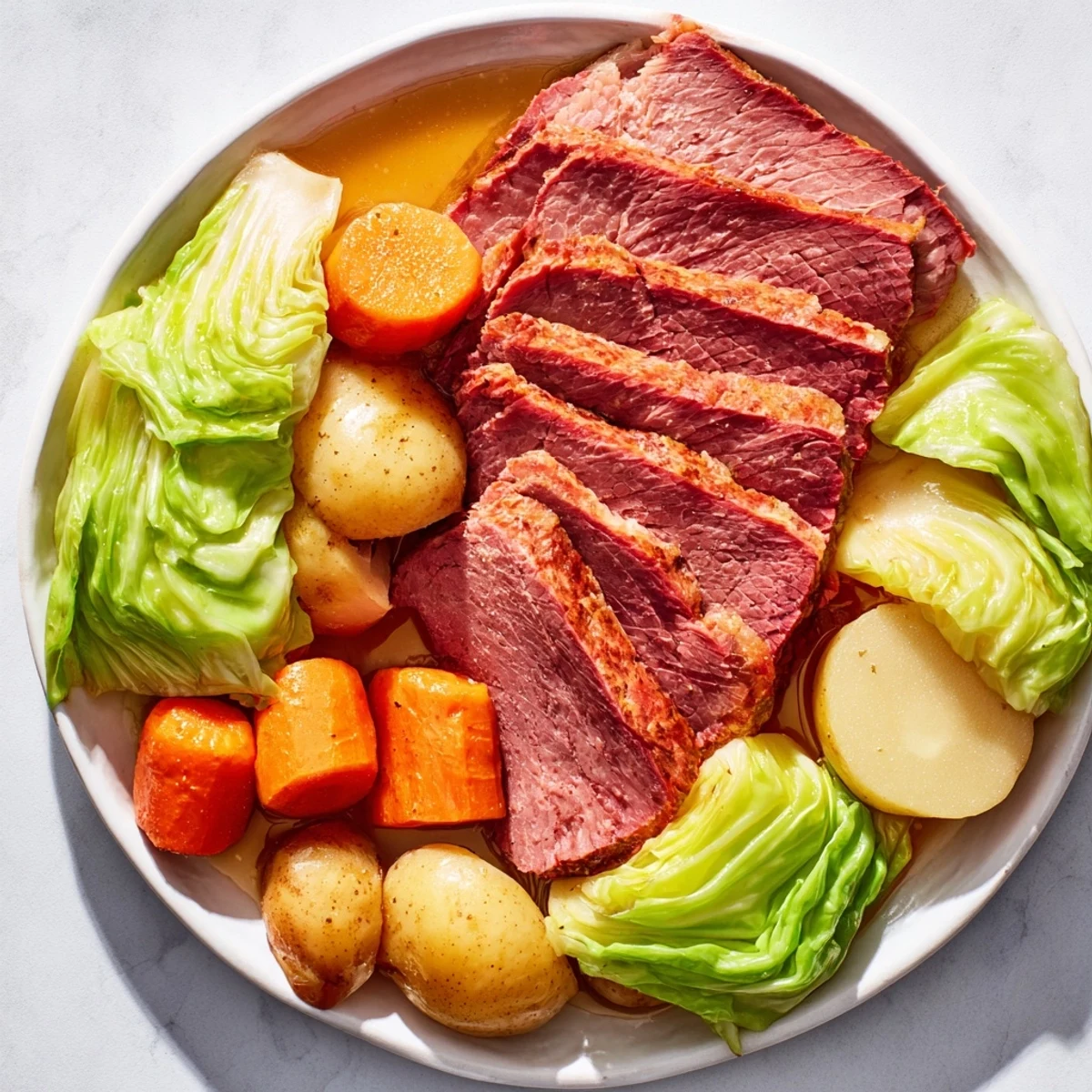 Steamy, tender slices of Corned Beef Brisket with Cabbage and Potatoes arranged on a white serving platter with fresh parsley garnish.