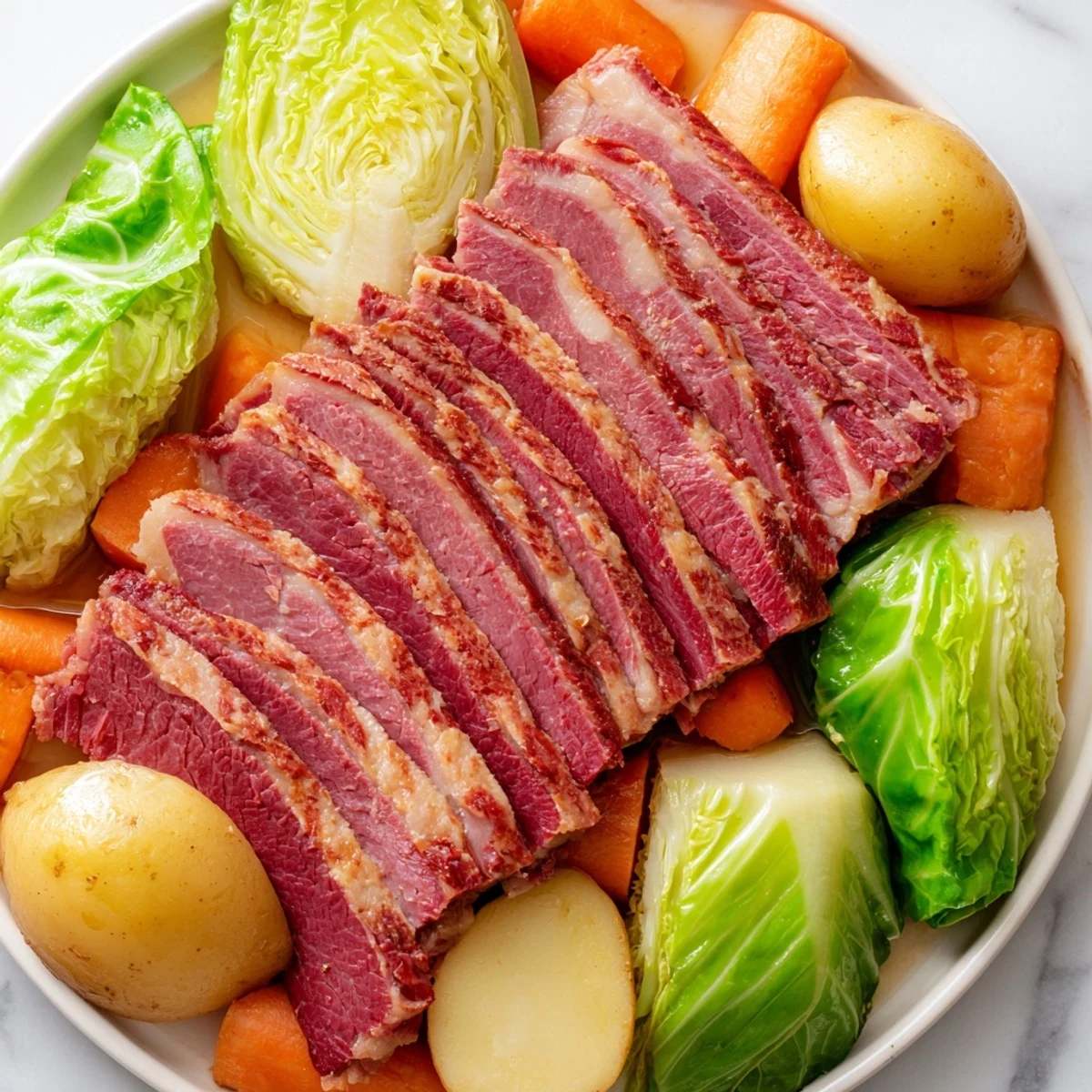 A hearty family-style serving of Corned Beef Brisket with Cabbage and Potatoes, featuring golden potatoes and carrots, ready for a festive meal.