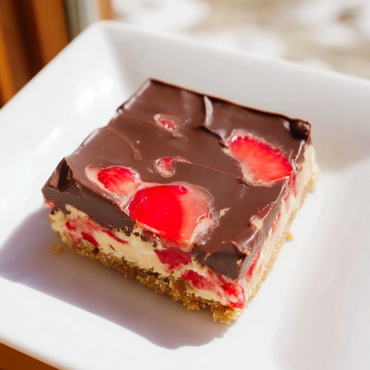 Chocolate Covered Strawberry Cheesecake Bars on a marble slab with fresh berries and a coffee cup for serving. 