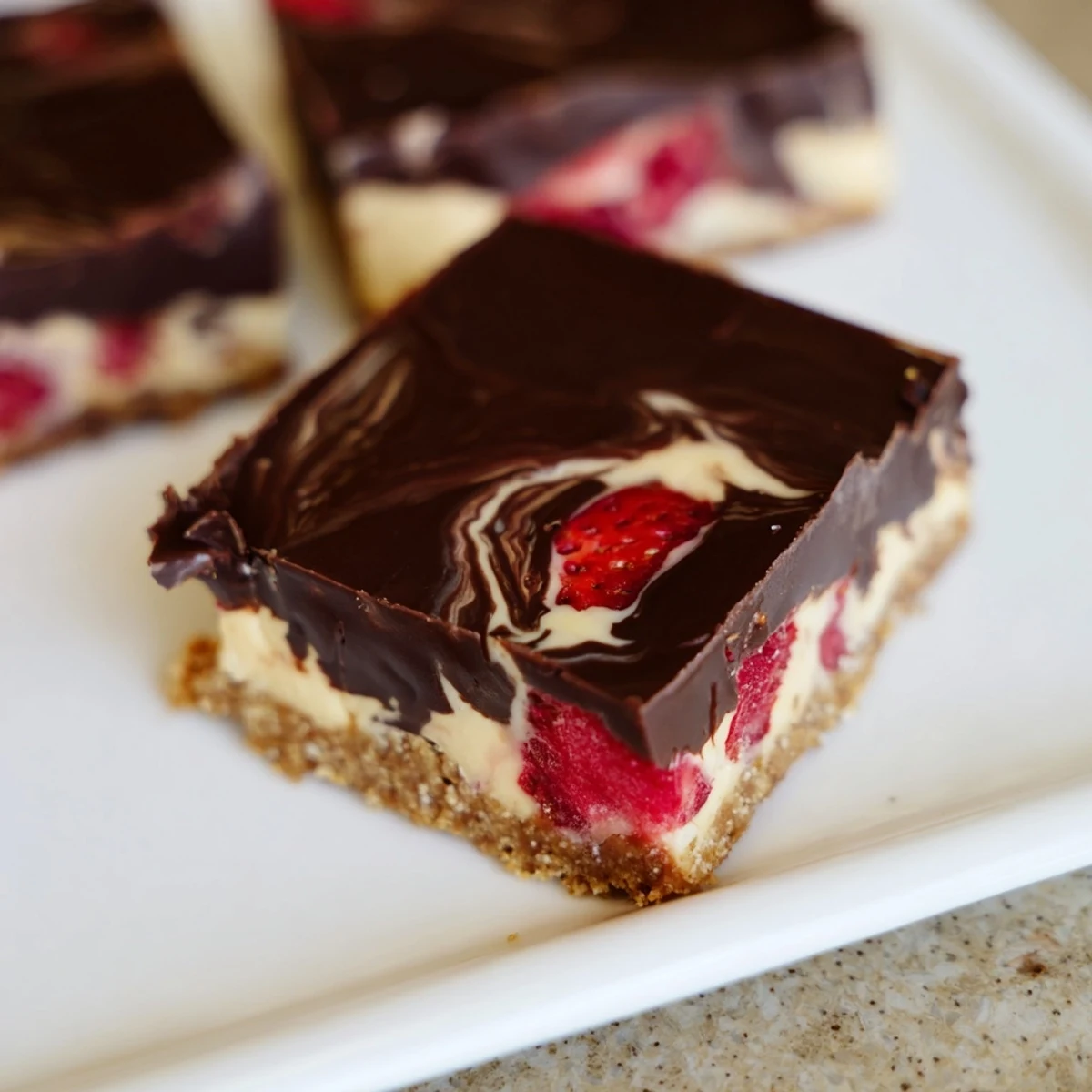 A rich slice of Chocolate Covered Strawberry Cheesecake Bars showcasing a creamy interior and glossy dark chocolate topping. 