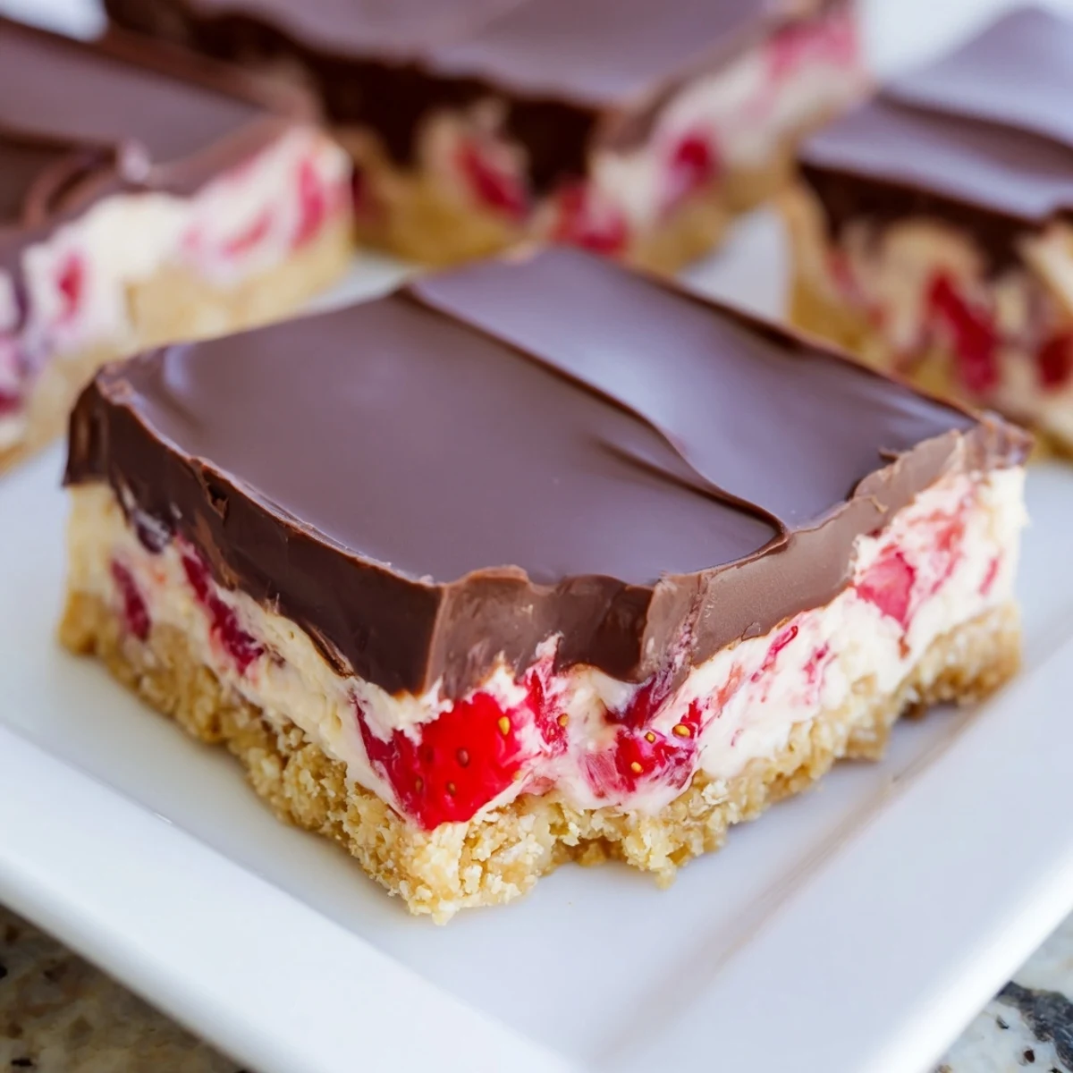 Golden graham crust layers of Chocolate Covered Strawberry Cheesecake Bars cut into squares, ready to be enjoyed chilled.