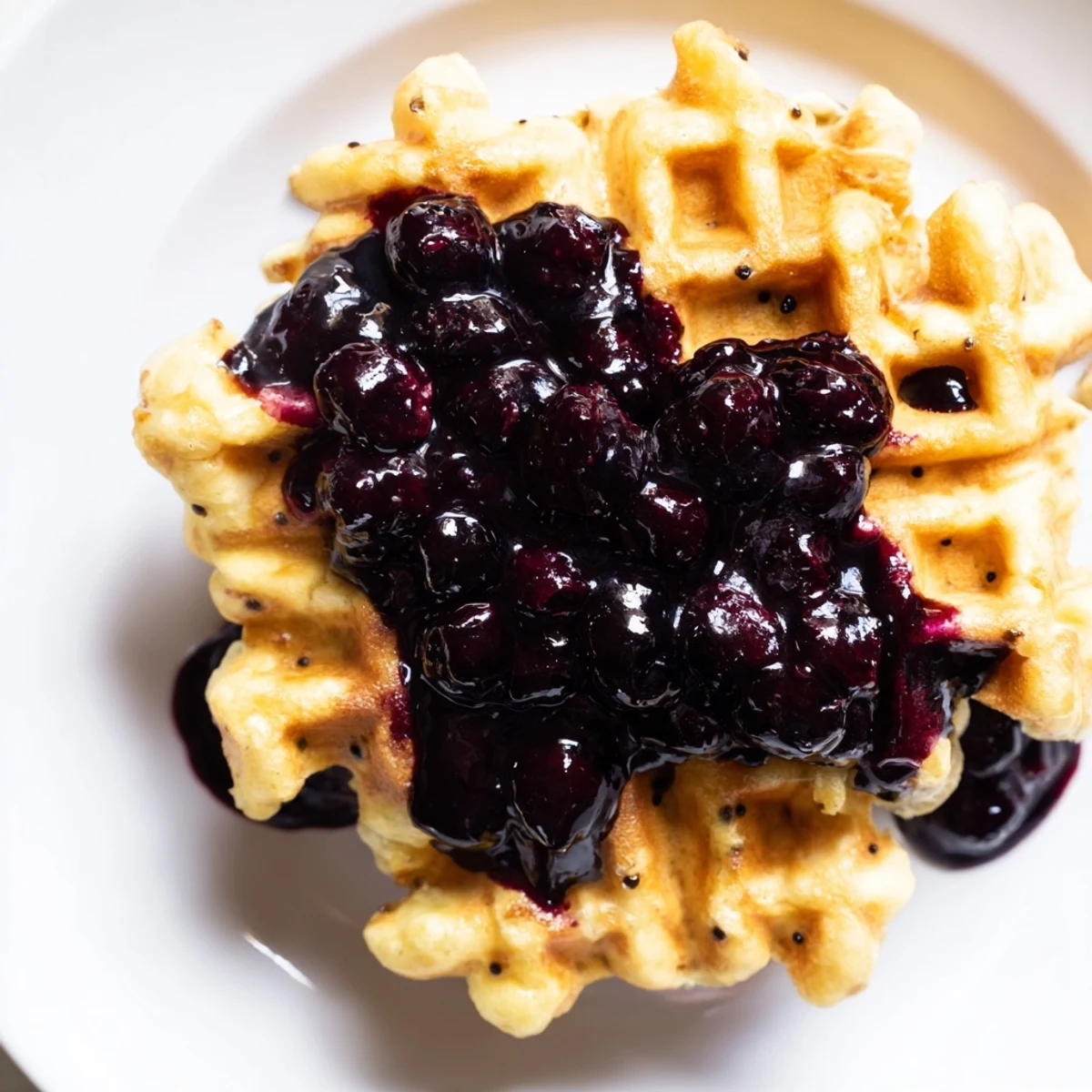 Golden, crispy Lemon Poppy Seed Waffles drizzled with vibrant, warm blueberry syrup on a white plate.
