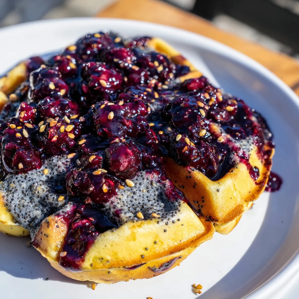 Stack of fluffy Lemon Poppy Seed Waffles topped with juicy blueberries and sweet blueberry syrup for brunch.