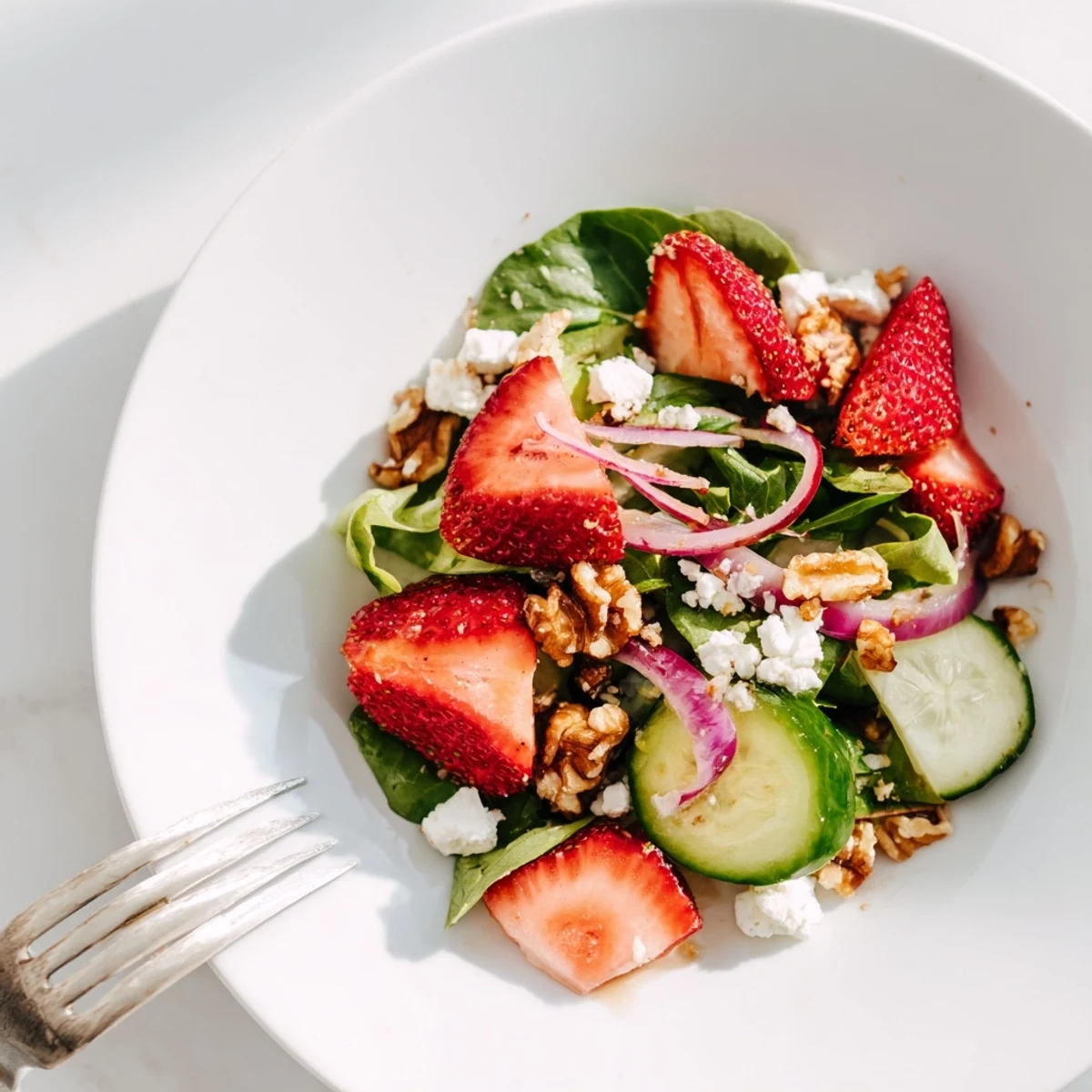 A close-up of Spring Mix Salad with Strawberries and Feta topped with crunchy pecans and sliced red onion.
