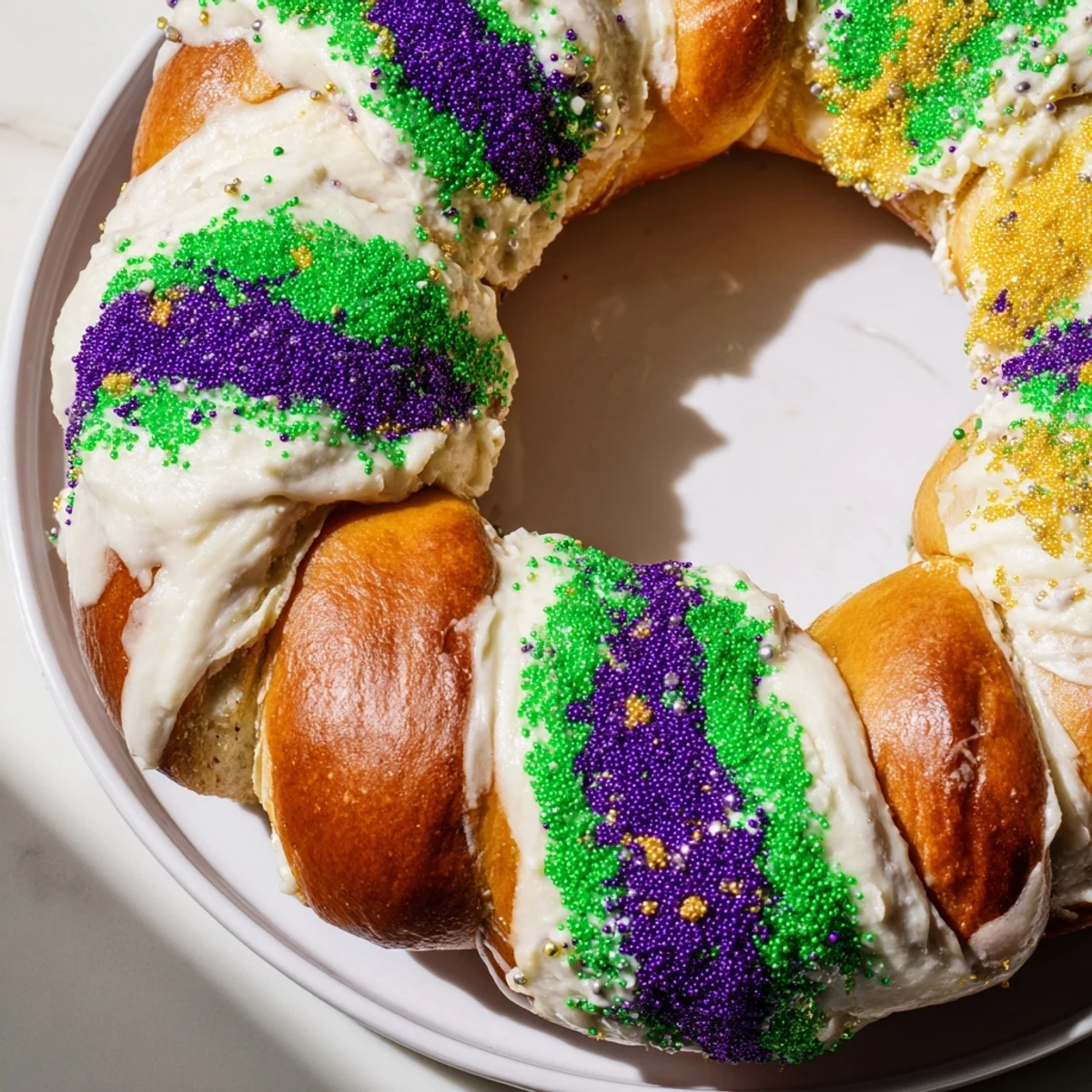 Golden-brown Mardi Gras King Cake with cream cheese filling, drizzled with white icing and sprinkled with purple, green, and gold sugars.