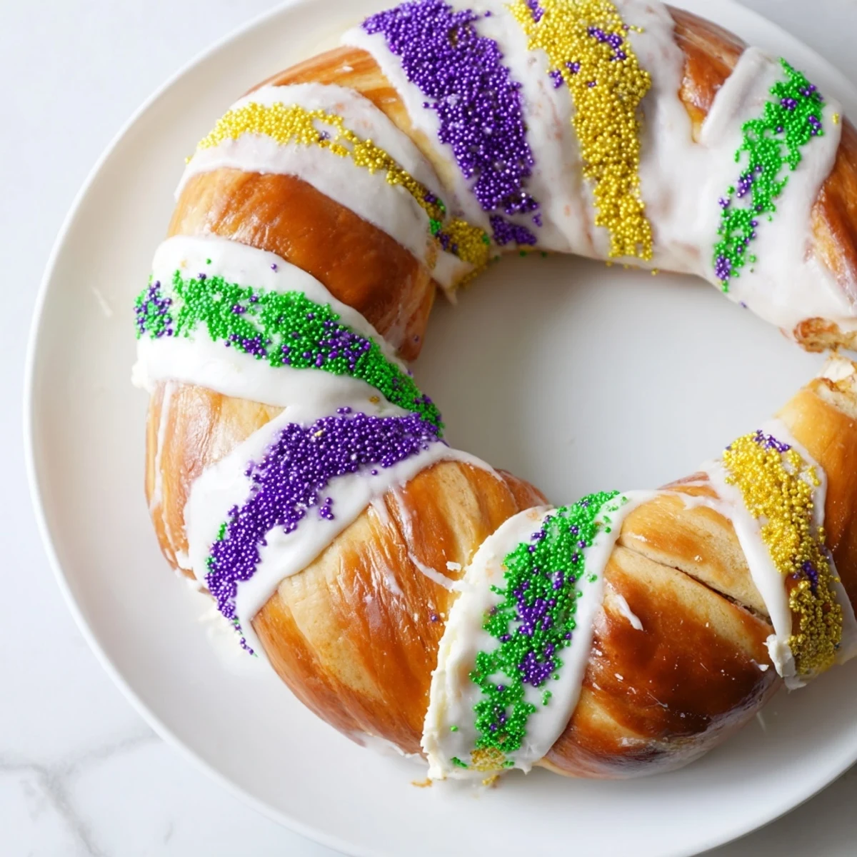 Sliced Mardi Gras King Cake reveals rich cream cheese filling and soft cinnamon-scented dough, served on a festive green plate.