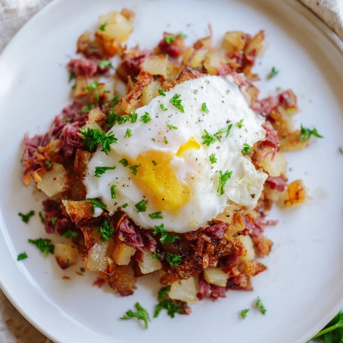 Golden crispy potatoes and tender corned beef hash topped with a perfectly runny poached egg in a sizzling skillet.