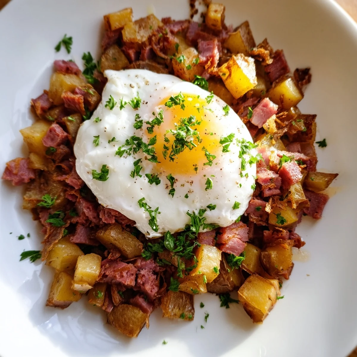A close-up of Corned Beef Hash Skillet with Poached Eggs served hot for a hearty American brunch.