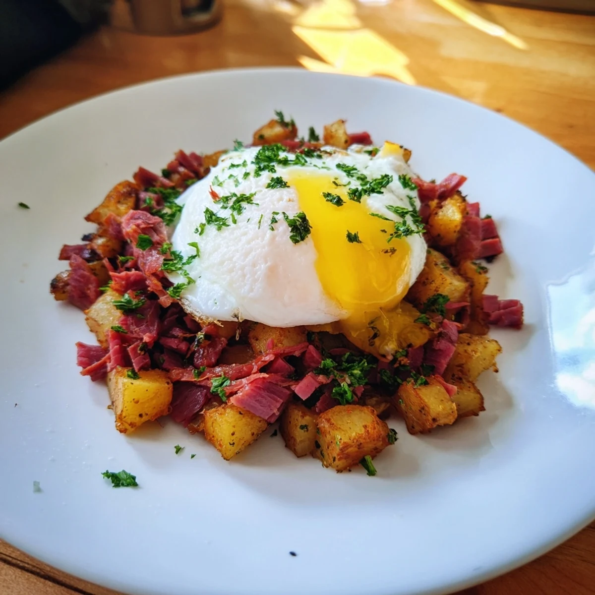 Savory corned beef hash with red peppers and onions topped with poached eggs, garnished with fresh parsley.