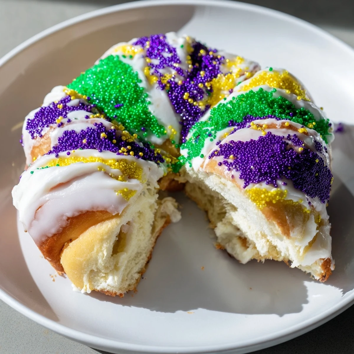 Close-up of Mardi Gras Style King Cake with cream cheese filling, vibrant purple, green, and gold sugars on top.