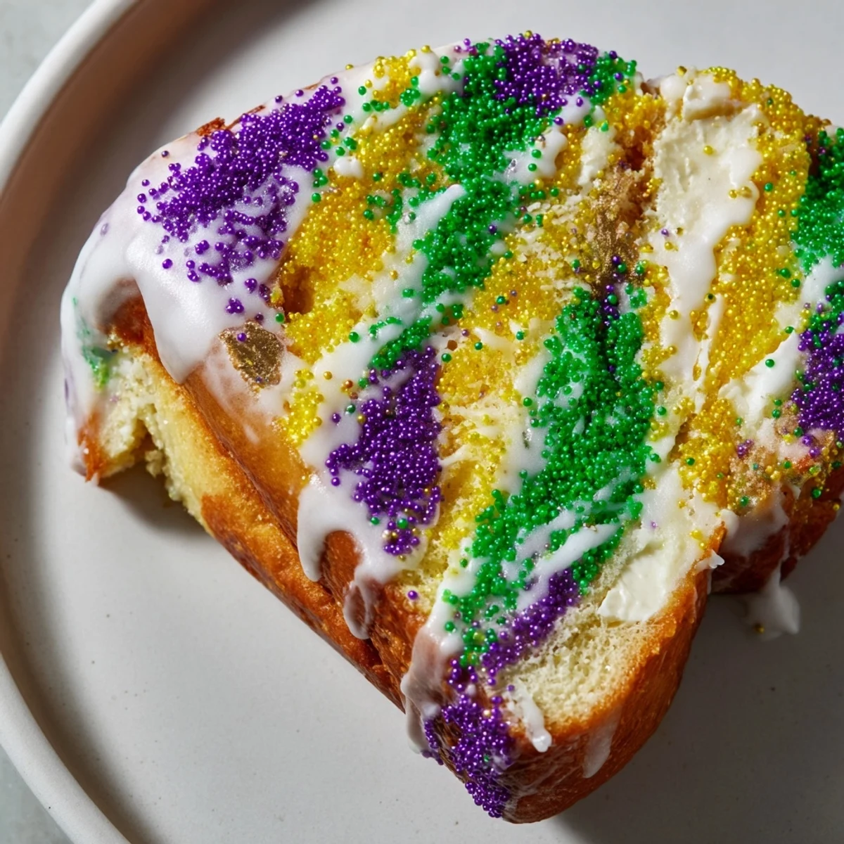 Freshly baked Mardi Gras Style King Cake with glaze drizzle, ready to serve with coffee for celebration.