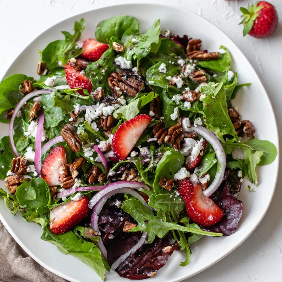 Vibrant Spring Greens Salad with Strawberries and Goat Cheese topped with crunchy pecans on a white plate.  