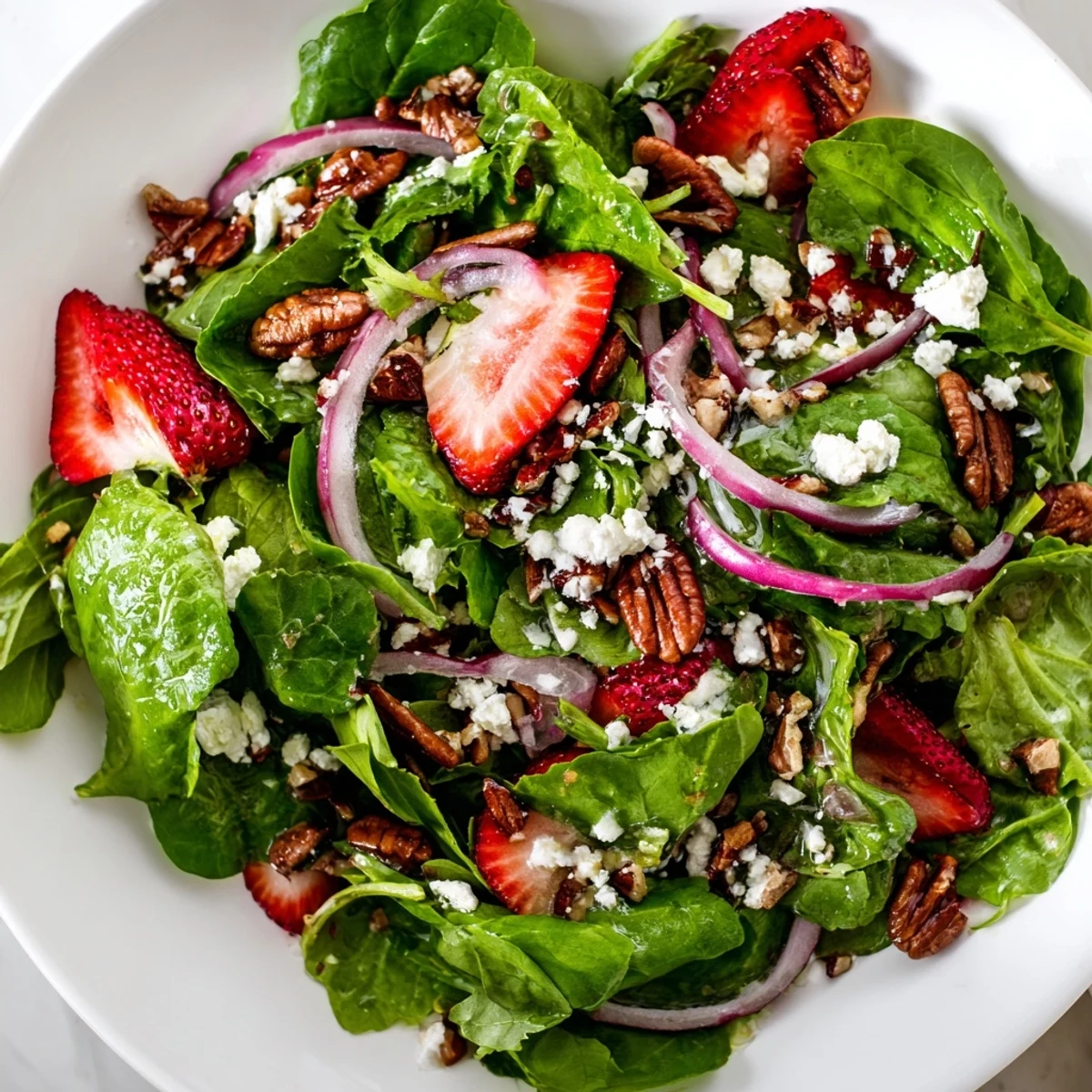 A close-up of Spring Greens Salad with Strawberries and Goat Cheese dressed in glossy balsamic vinaigrette.  