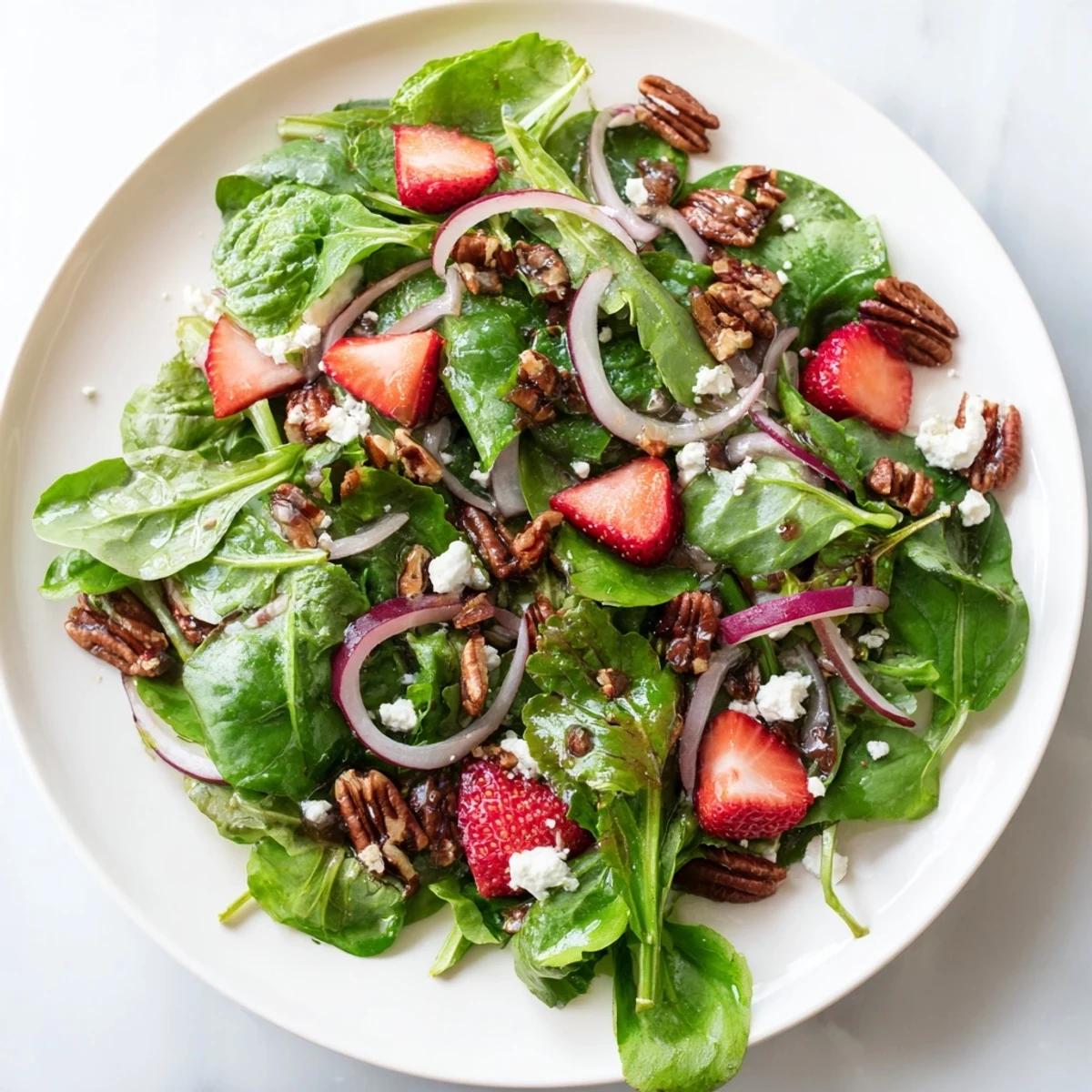 Freshly tossed Spring Greens Salad with Strawberries and Goat Cheese served alongside a glass of crisp rosé wine.