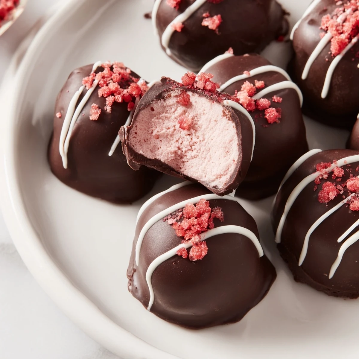 Frozen strawberry cheesecake balls dipped in glossy dark chocolate on a white plate.
