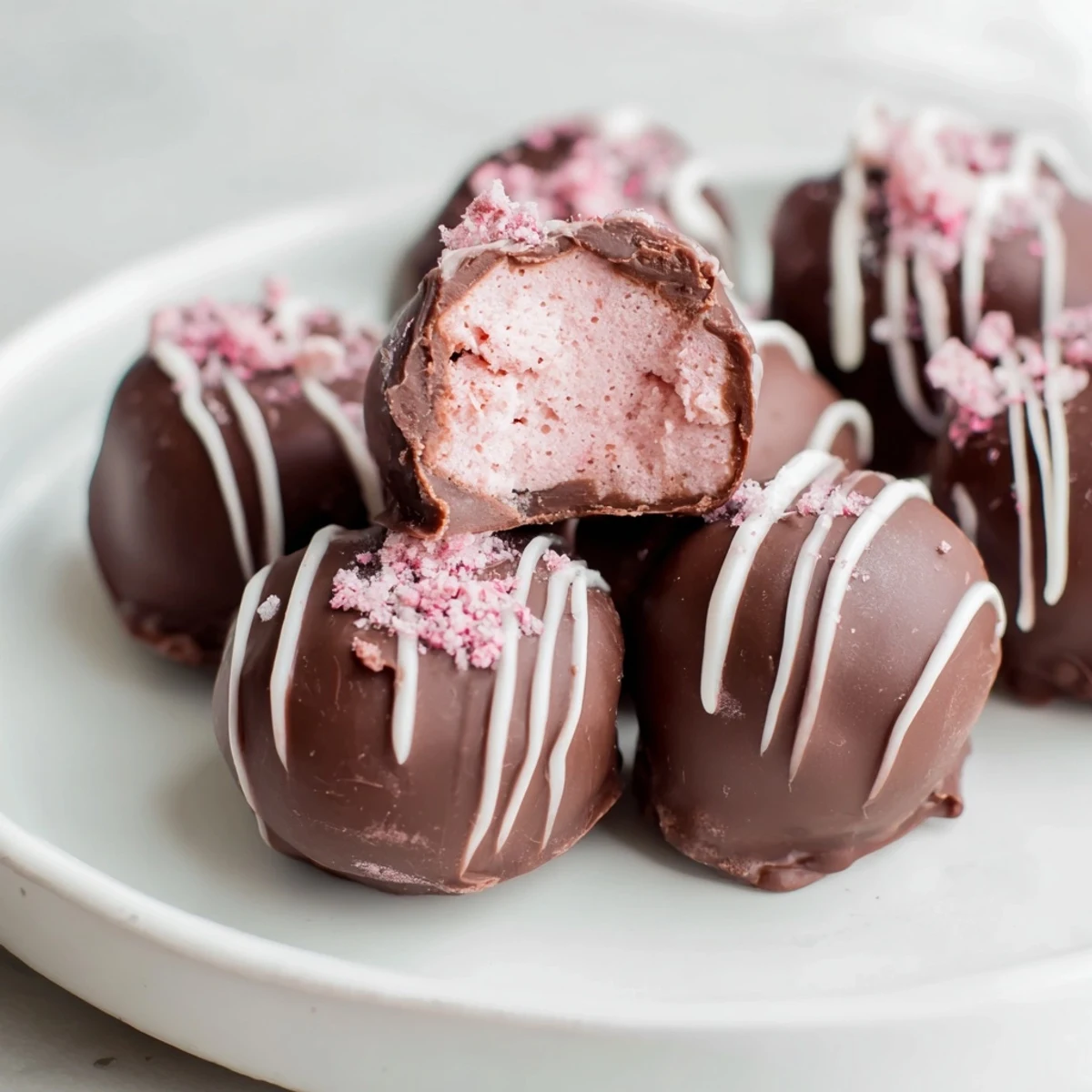 Bite-sized Chocolate Covered Strawberry Cheesecake Bites arranged on a marble surface for a party dessert platter.