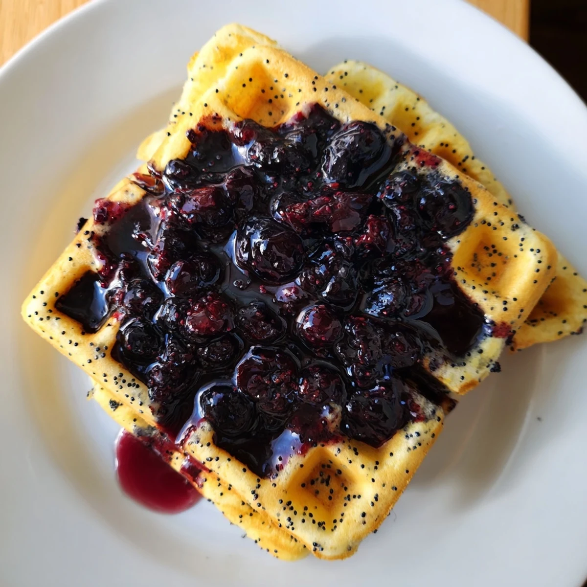 Golden brown Lemon Poppy Seed Waffles topped with a vibrant warm blueberry compote for a bright brunch.