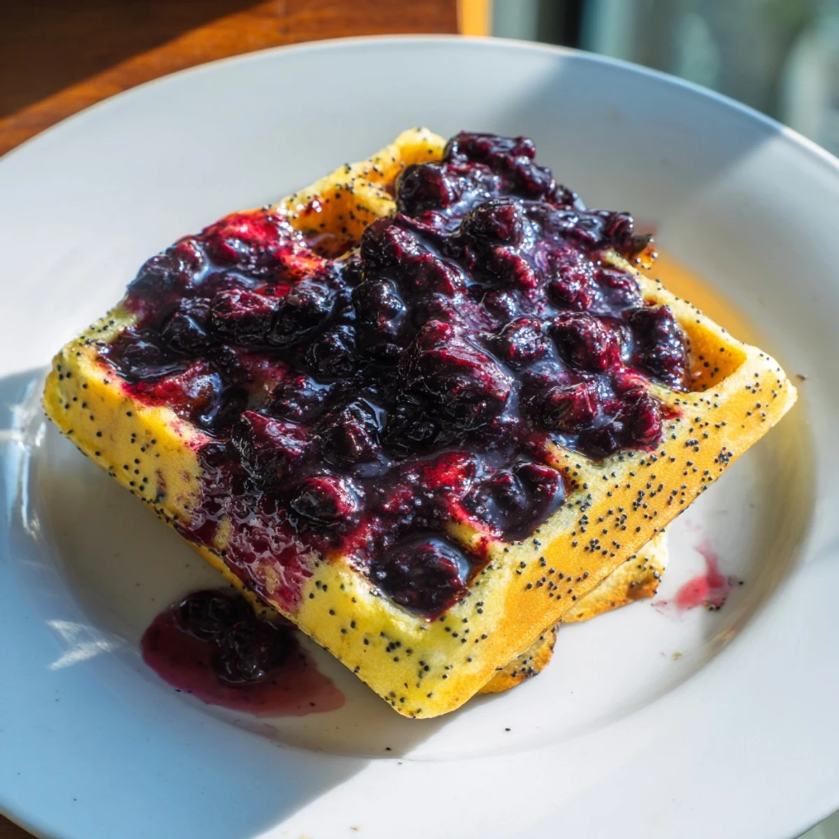 Freshly made Lemon Poppy Seed Waffles with juicy blueberry compote served on a white plate for breakfast.