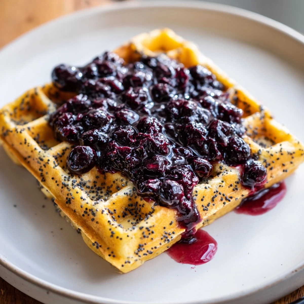 Close up of fluffy Lemon Poppy Seed Waffles drizzled with sweet blueberry compote and fresh lemon zest.