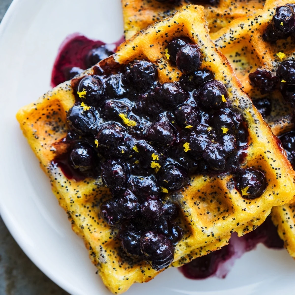 Stack of fluffy Lemon Poppy Seed Waffles with Blueberry Compote and whipped cream for breakfast.