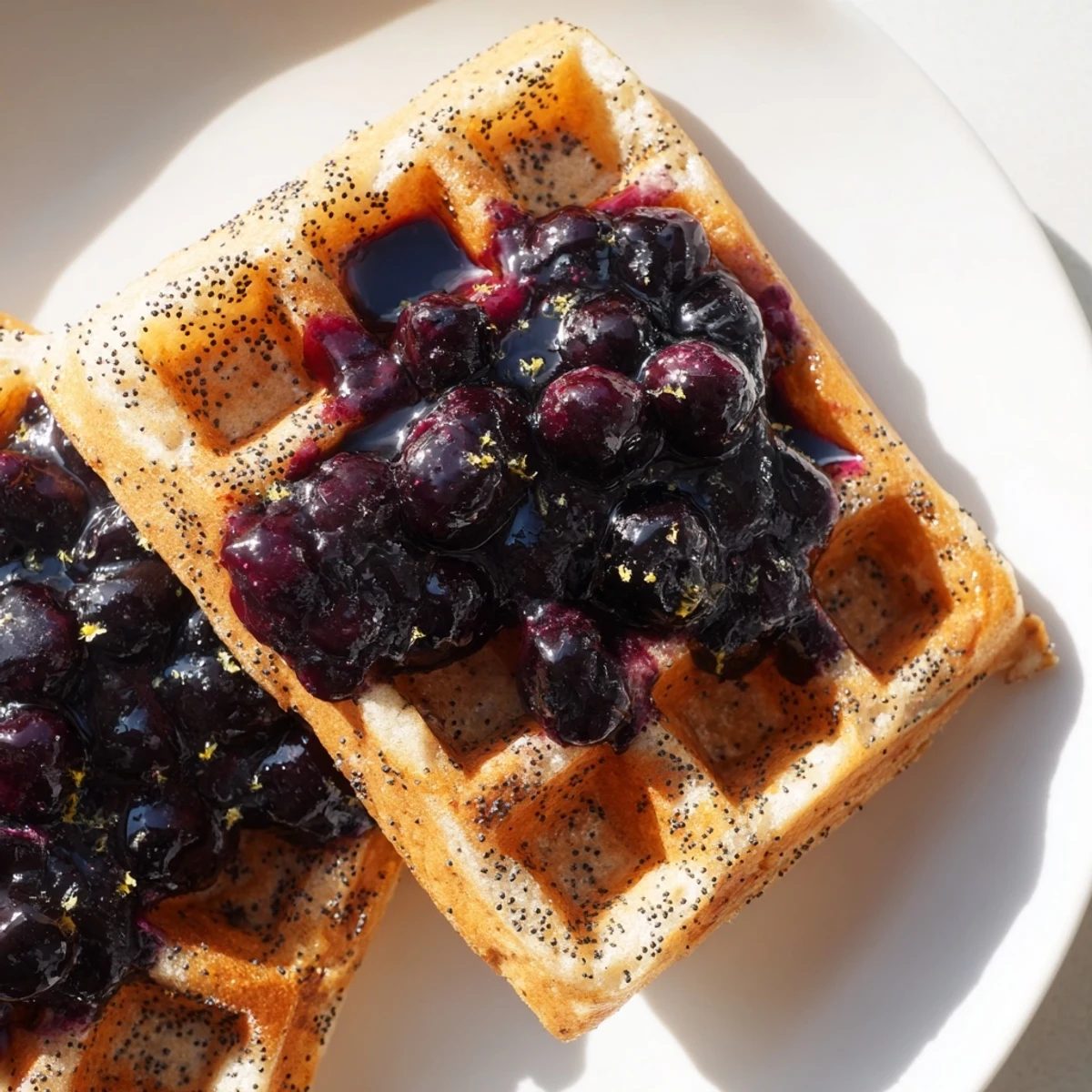 Warm Lemon Poppy Seed Waffles with Blueberry Compote served with syrup on a rustic table.