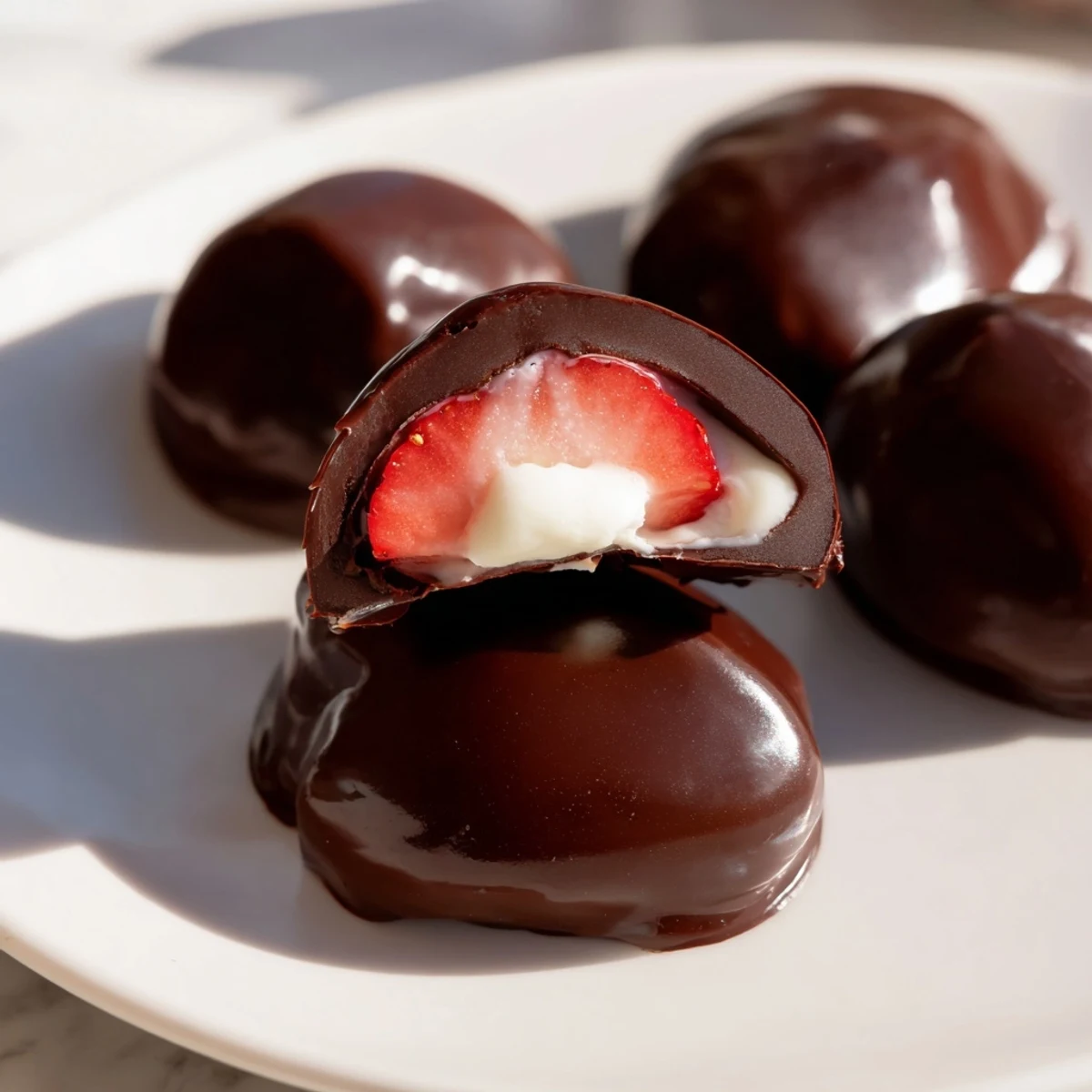 Rich, creamy Chocolate Covered Strawberry Cheesecake Bites with fresh strawberry halves and a glossy dark chocolate shell, displayed on a marble counter.