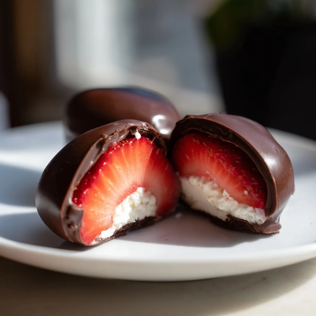 Decadent Chocolate Covered Strawberry Cheesecake Bites arranged on parchment, with red strawberries peeking through smooth melted chocolate and soft cheesecake filling.