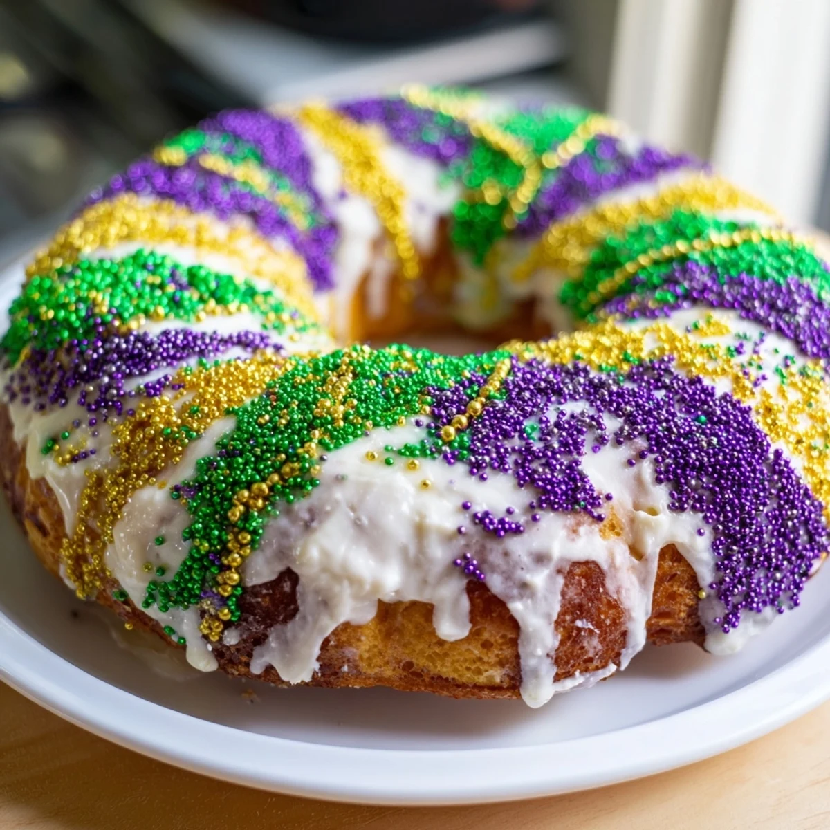 The rich cream cheese filling peeks through the sliced Mardi Gras Style King Cake, highlighting its soft interior.