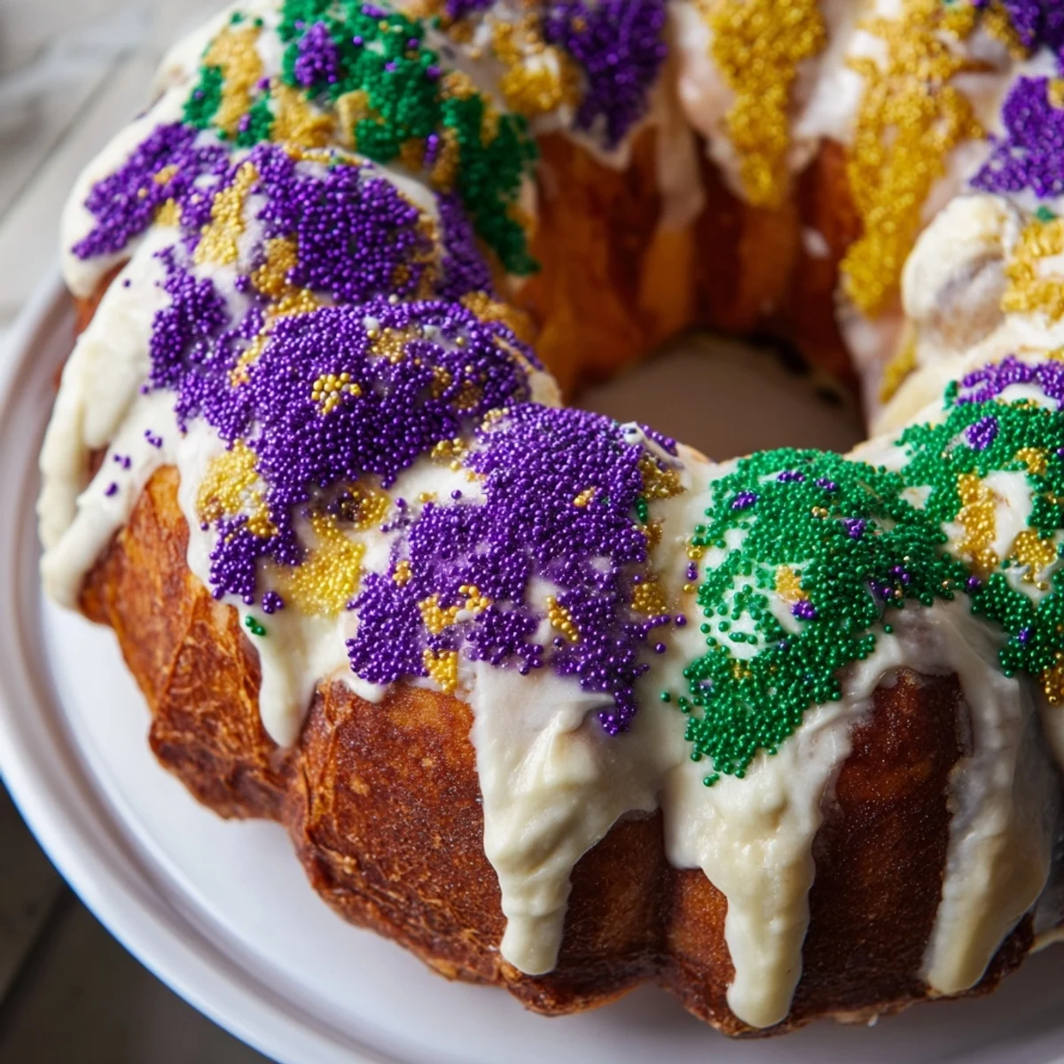 Freshly baked Mardi Gras Style King Cake showing a golden brioche ring with vibrant purple, green, and gold sugars.