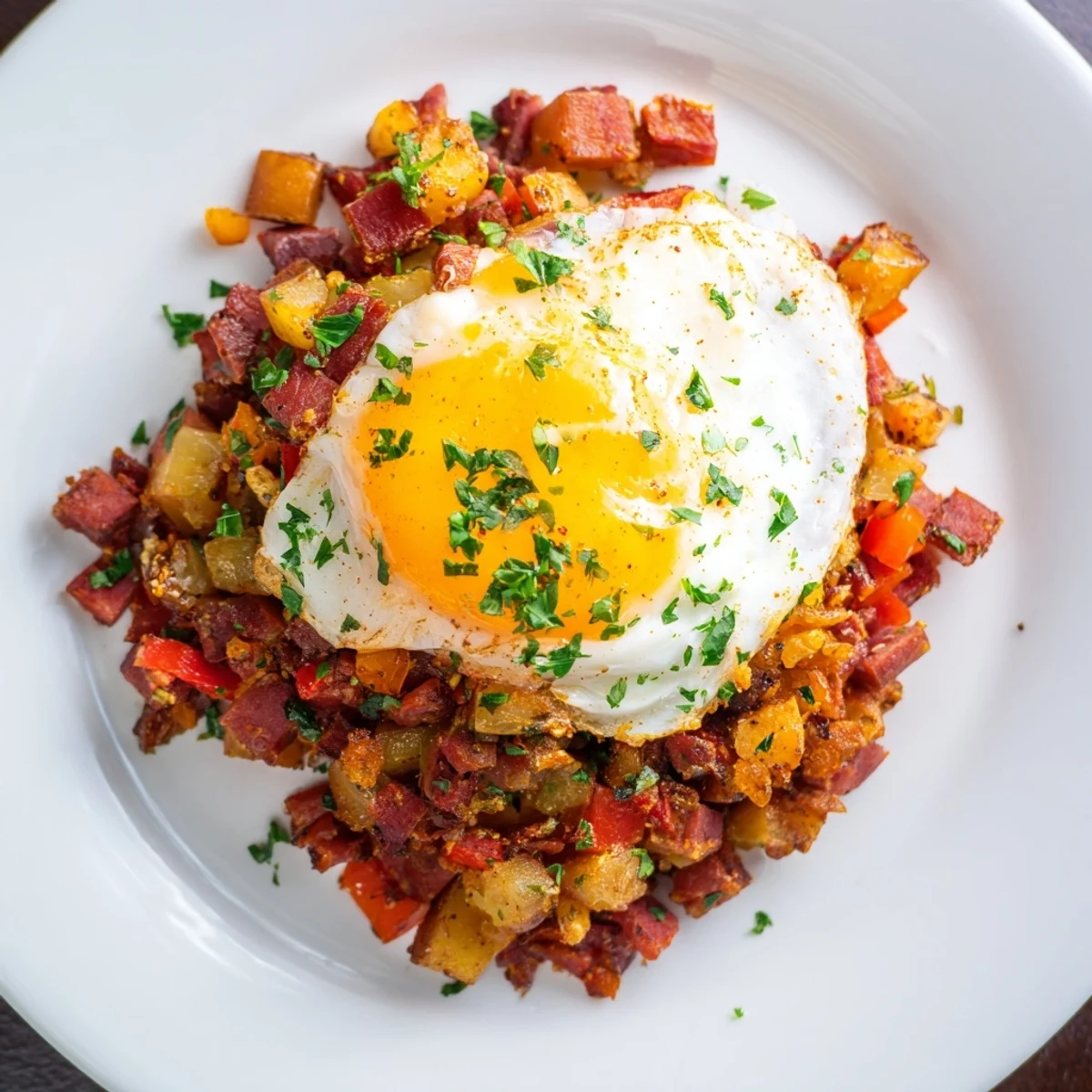 Golden crispy Corned Beef Hash Skillet with Poached Eggs steaming in a cast iron pan topped with fresh parsley.