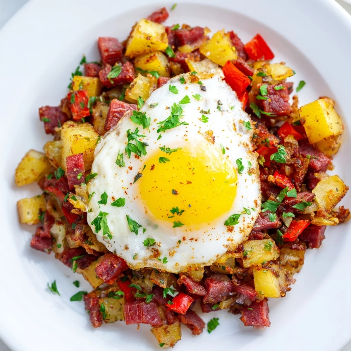 A close up of Corned Beef Hash Skillet with Poached Eggs featuring runny yolks and diced potatoes for a delicious meal.