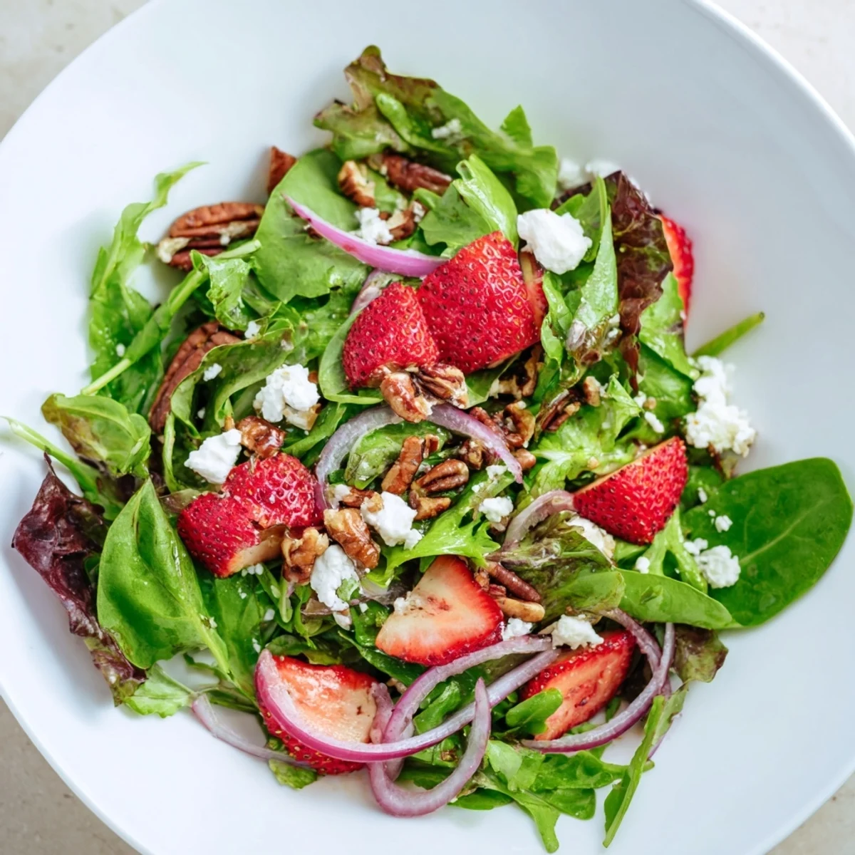 A close-up of the Spring Greens Salad with Strawberries and Goat Cheese, showing vibrant greens, juicy red berries, and creamy crumbled cheese on a rustic wooden table.