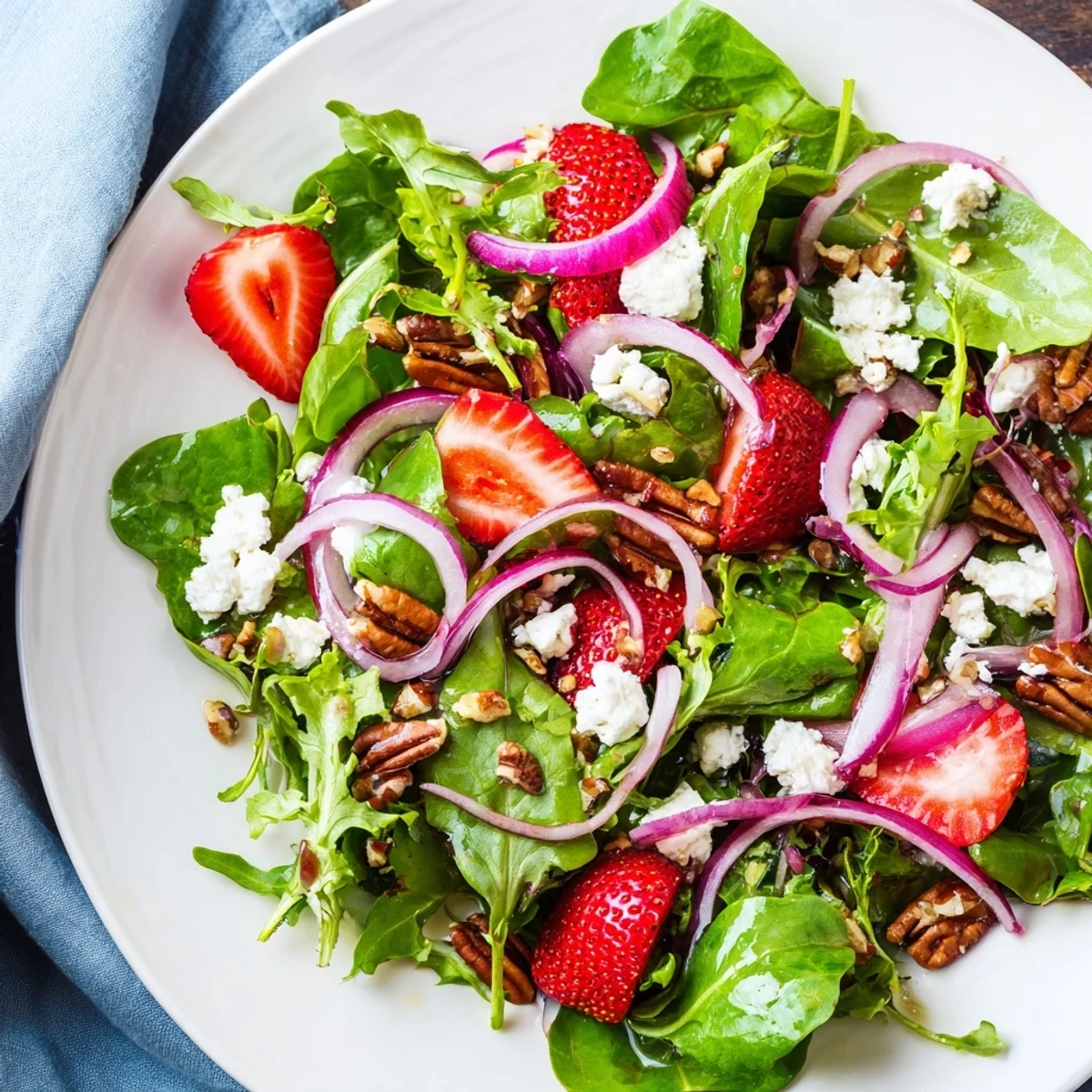 Bright Spring Greens Salad with Strawberries and Goat Cheese plated on white dish, topped with toasted pecans and thinly sliced red onion for added crunch.