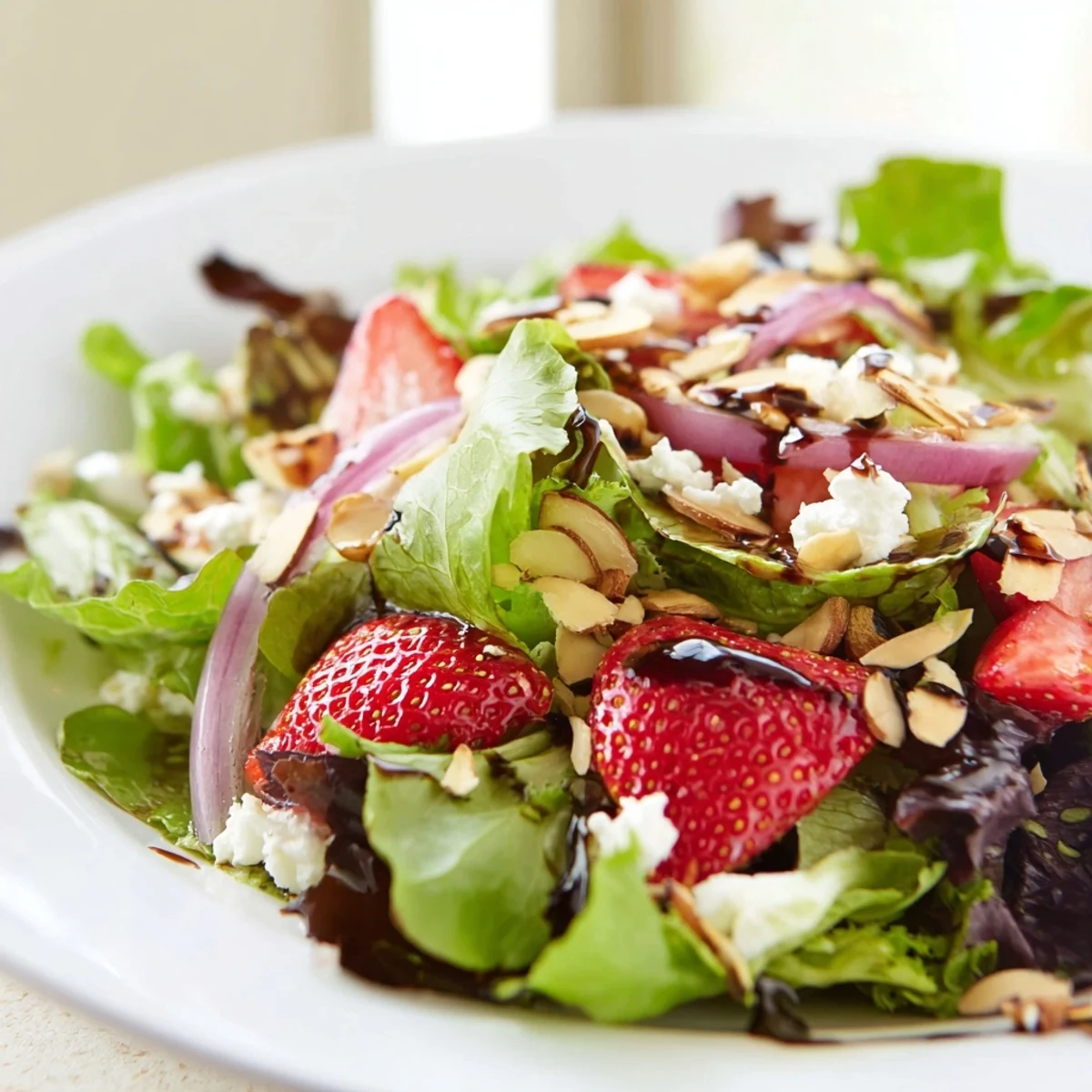 Fresh Spring Mix Salad with Strawberries and Feta topped with sliced red onion and toasted almonds on a white platter.
