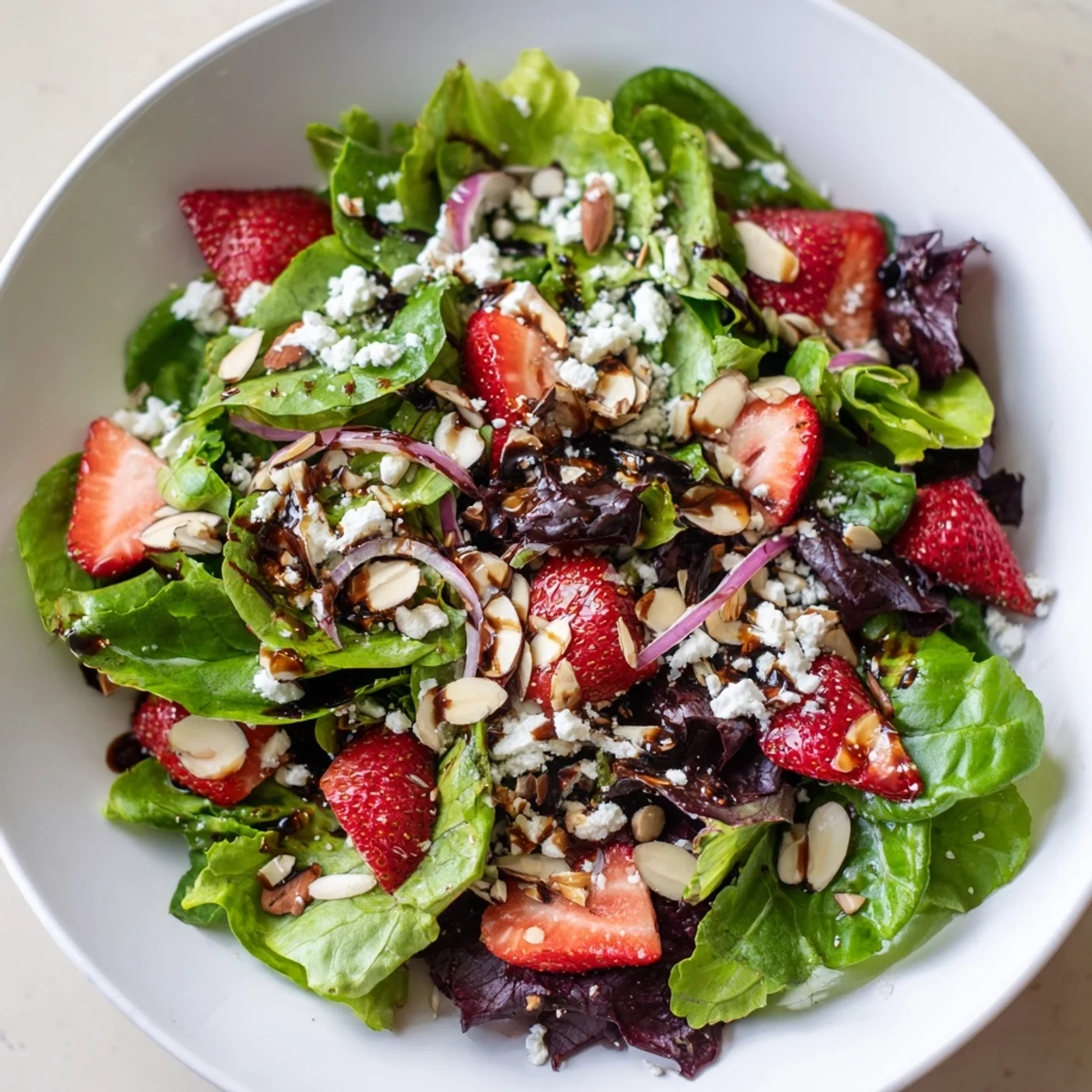 A close-up of Spring Mix Salad with Strawberries and Feta tossed in light balsamic vinaigrette, served as a vegetarian side dish.