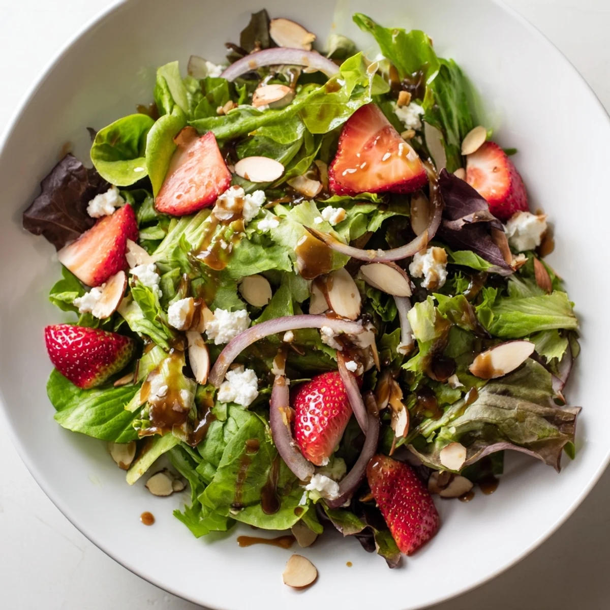 Vibrant Spring Mix Salad with Strawberries and Feta in a wooden bowl, featuring sweet berries and tangy cheese for a refreshing lunch.