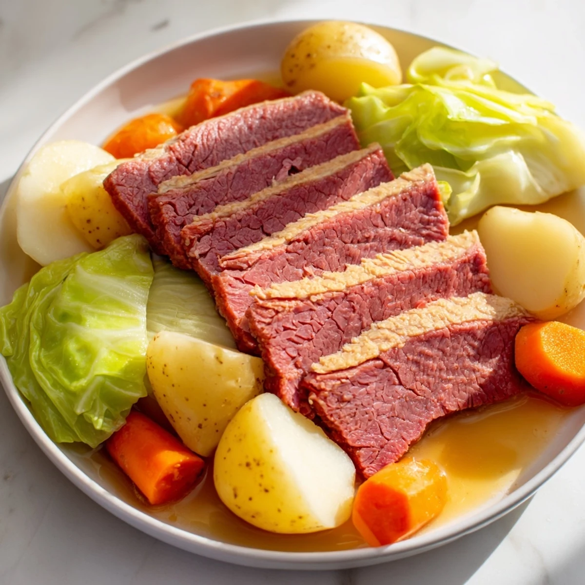 Hearty Corned Beef Brisket with Cabbage and Potatoes sliced on a platter with sweet carrots and onions for St. Patrick's Day.