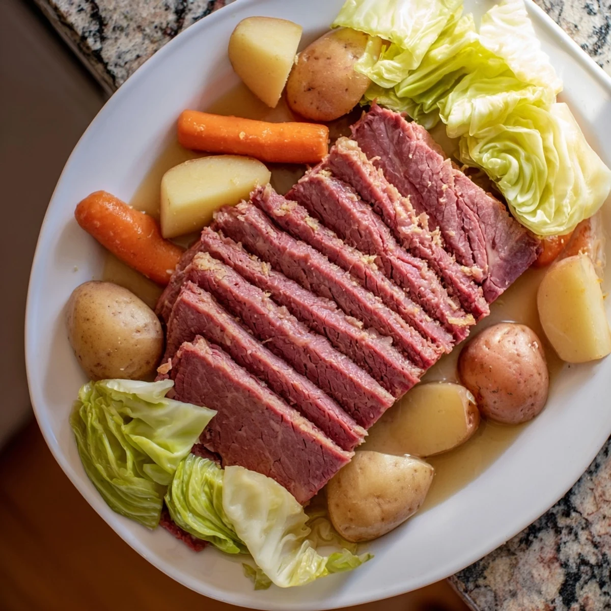 Tender Corned Beef Brisket with Cabbage and Potatoes simmered in a savory broth, served as a hearty family dinner.