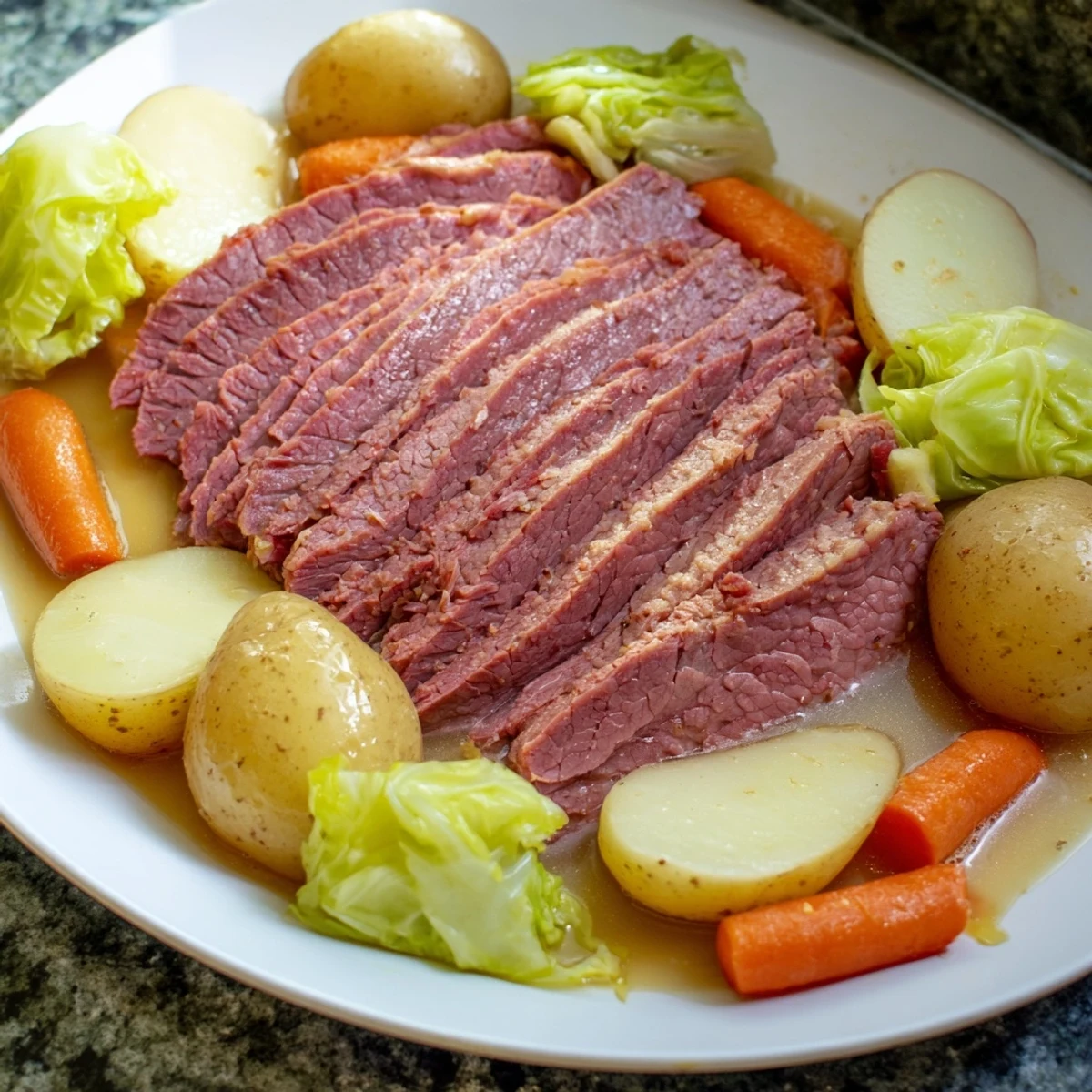 Comforting Corned Beef Brisket with Cabbage and Potatoes arranged beside golden potatoes, cabbage wedges, and grainy mustard on the side.