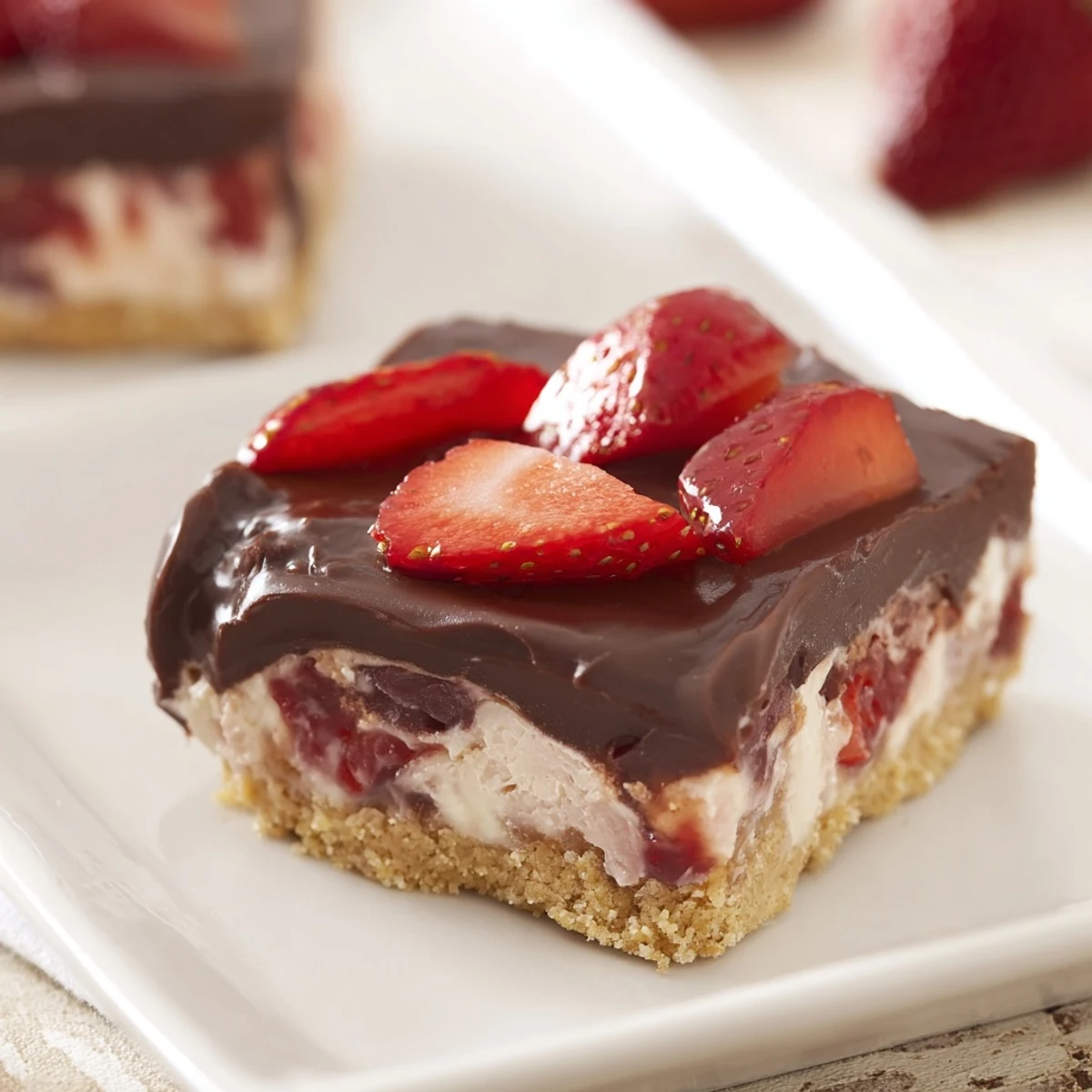 Creamy Chocolate Covered Strawberry Cheesecake Bars with a graham crust and fresh berry garnish.
