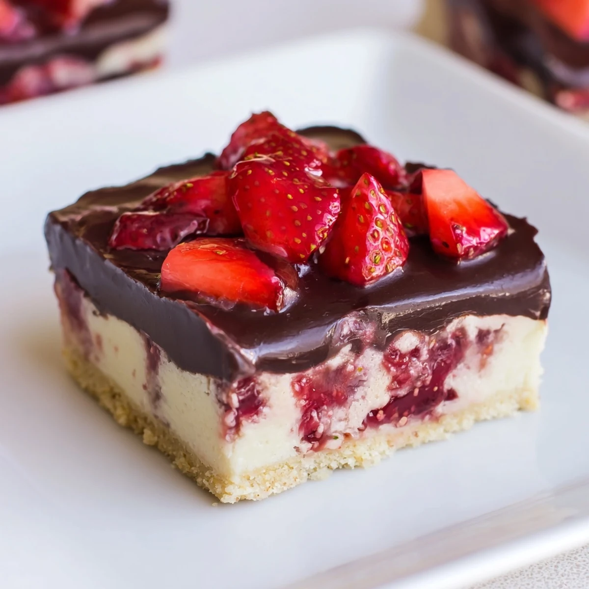 A slice of Chocolate Covered Strawberry Cheesecake Bars shows marbled strawberry swirl and glossy chocolate.