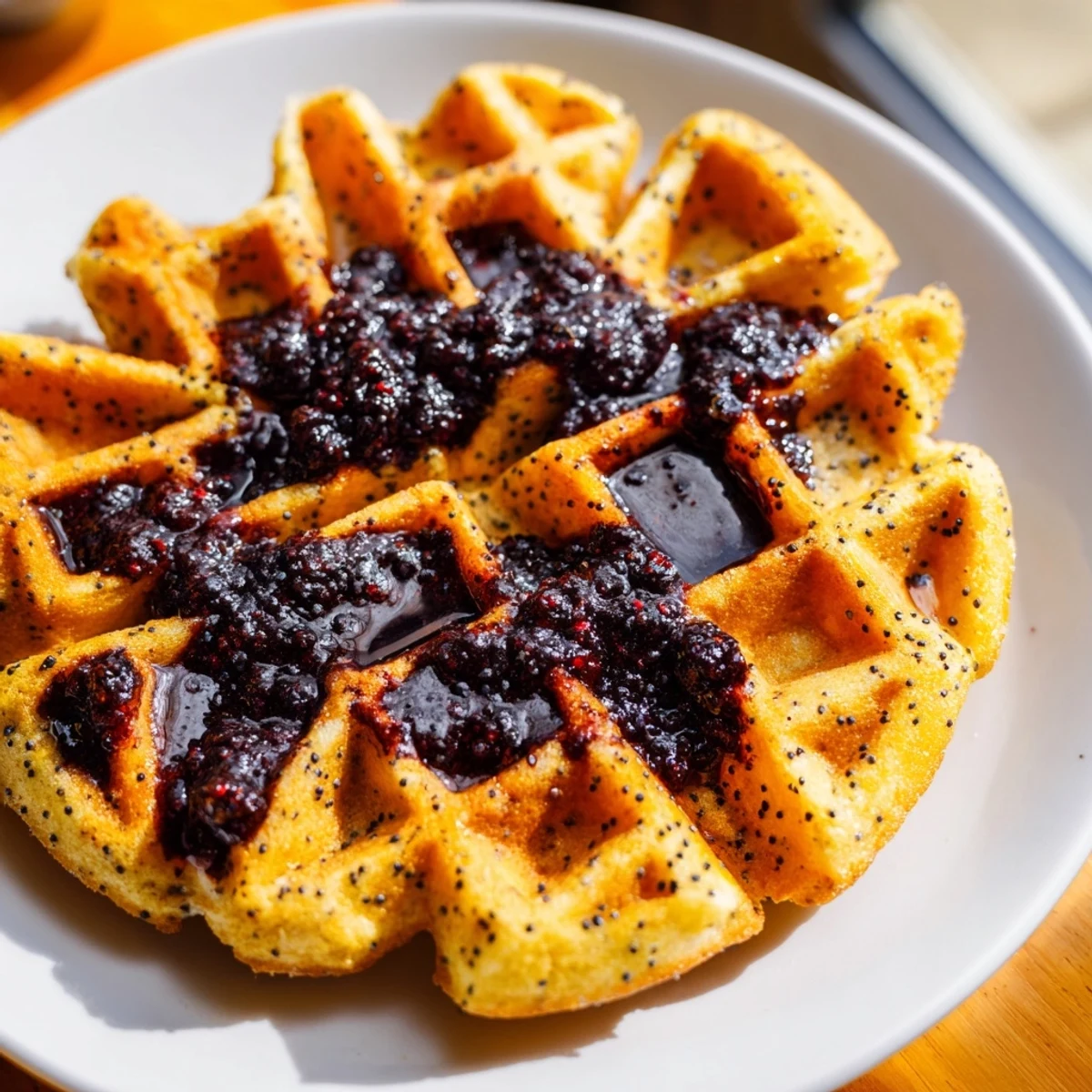 Crisp, golden Lemon Poppy Seed Waffles with Blueberry Syrup topped with fresh blueberries for a vibrant breakfast.